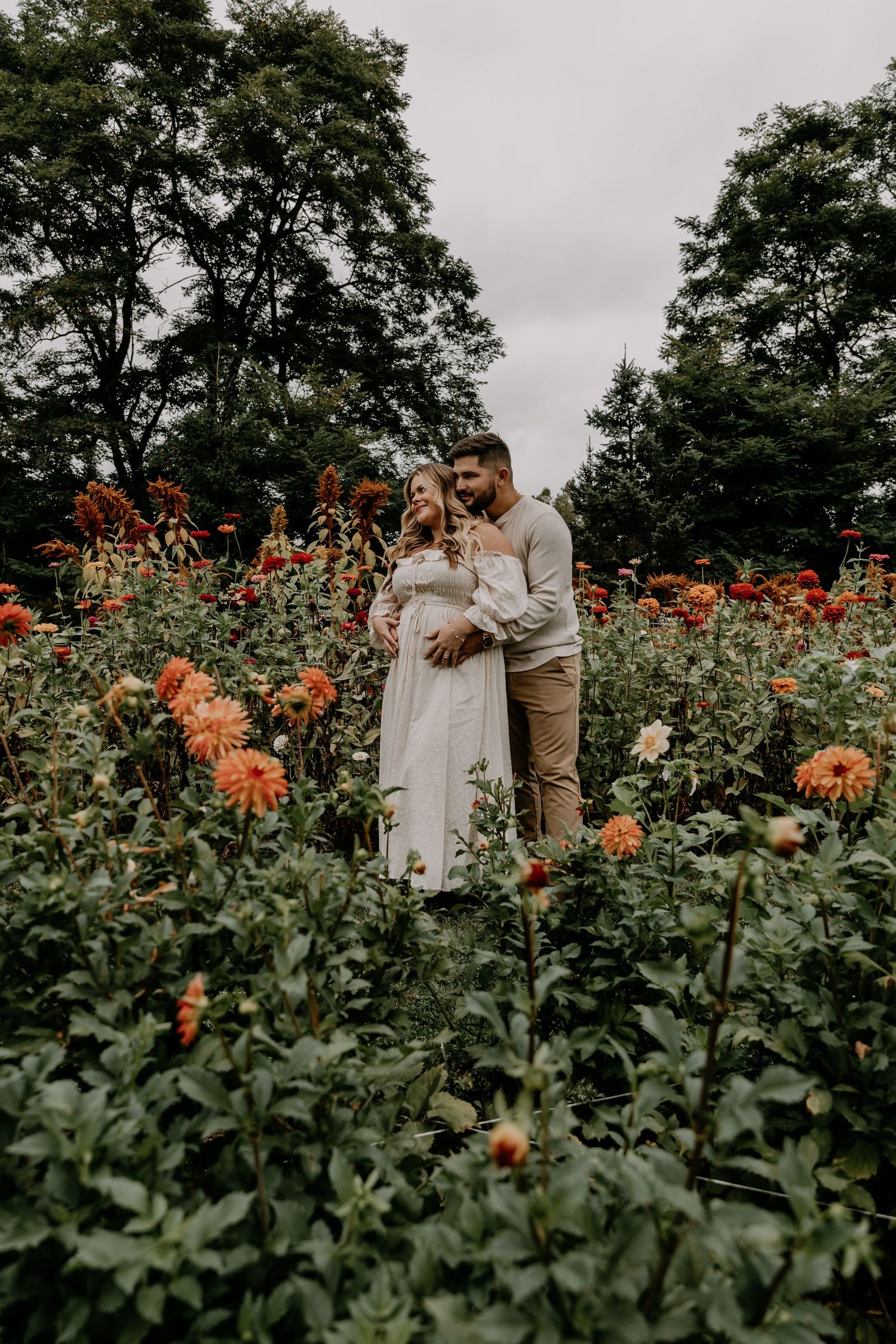 Moody garden photography with tall orange dahlias in foreground.