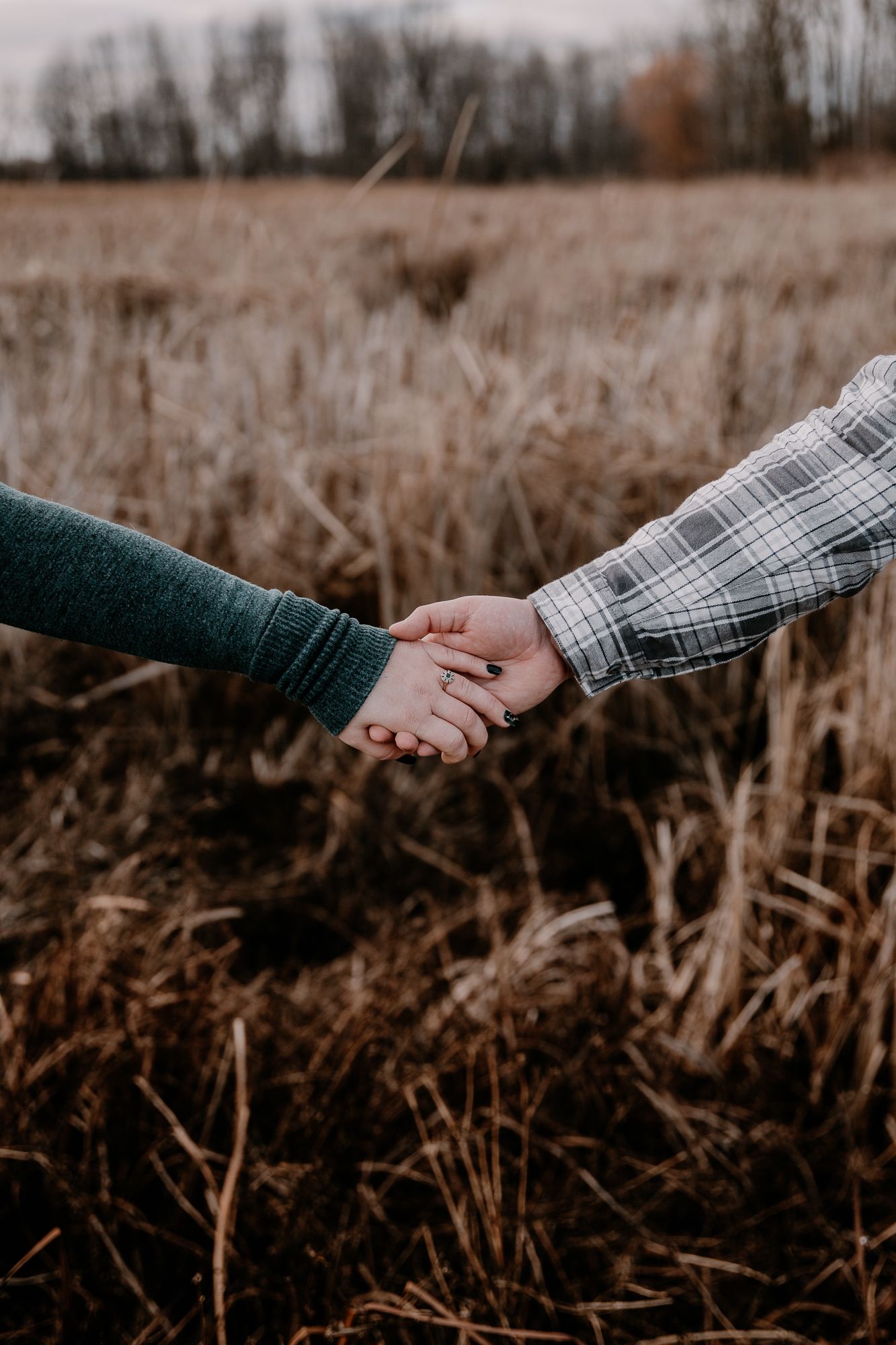Close-up of hands reaching toward each other against a backdrop of dried autumn fields.