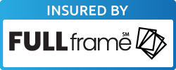 Insurance company logo for FULLframe showing their brand name and playing card symbols in blue.