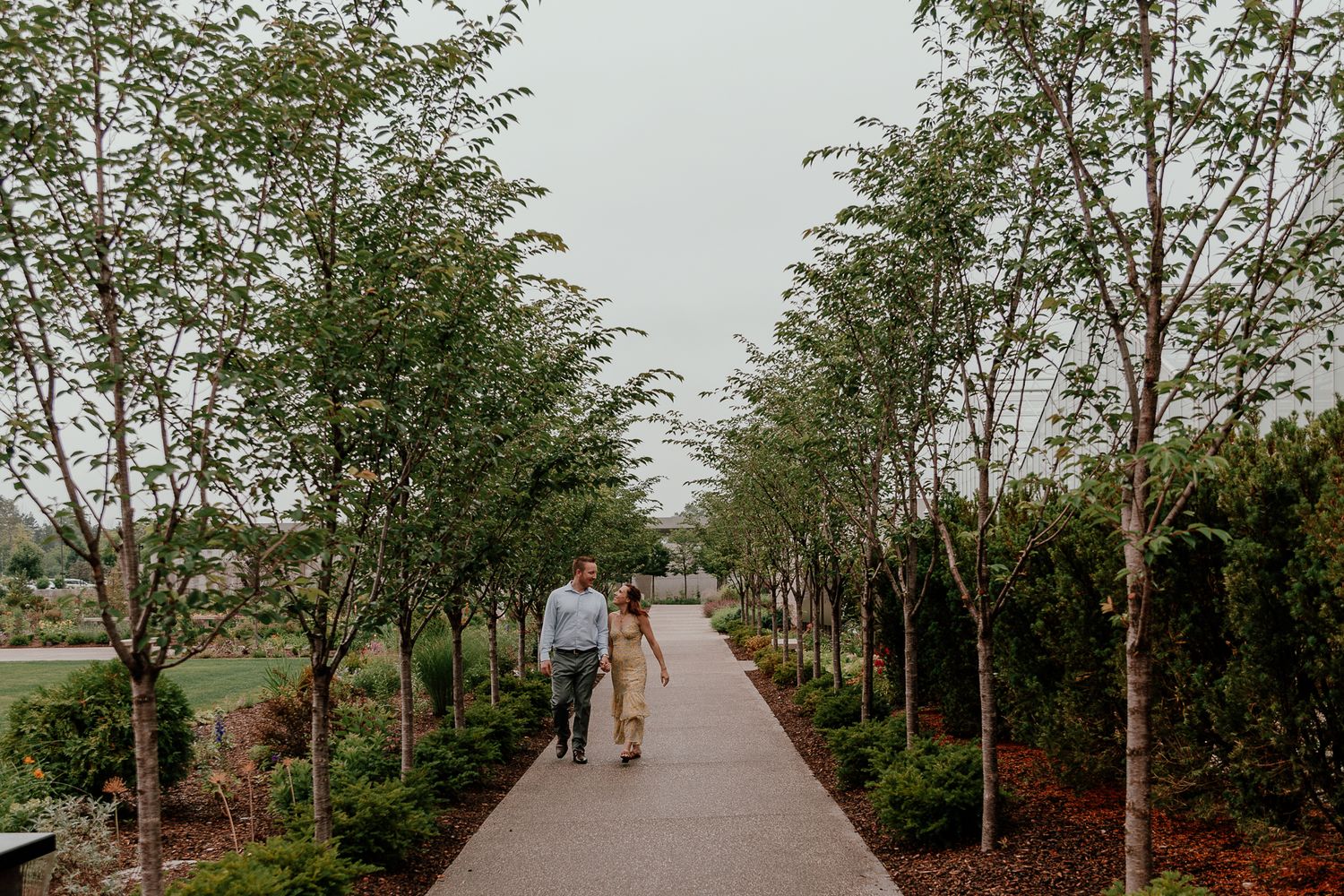 Two people walking down a landscaped concrete path lined with young trees.