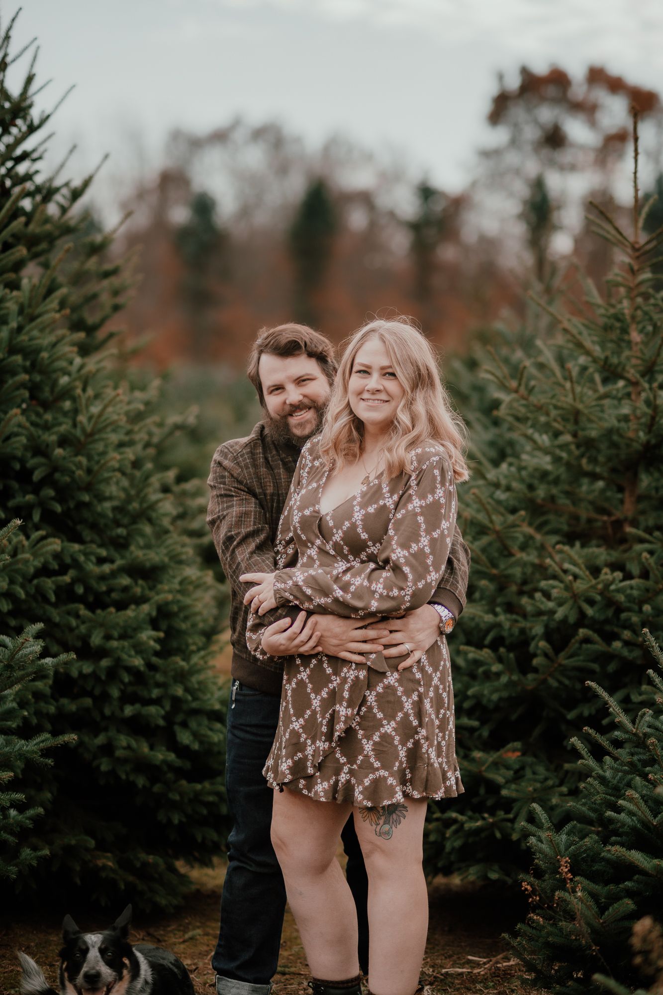 Couple embracing among Christmas trees with their dog nearby.