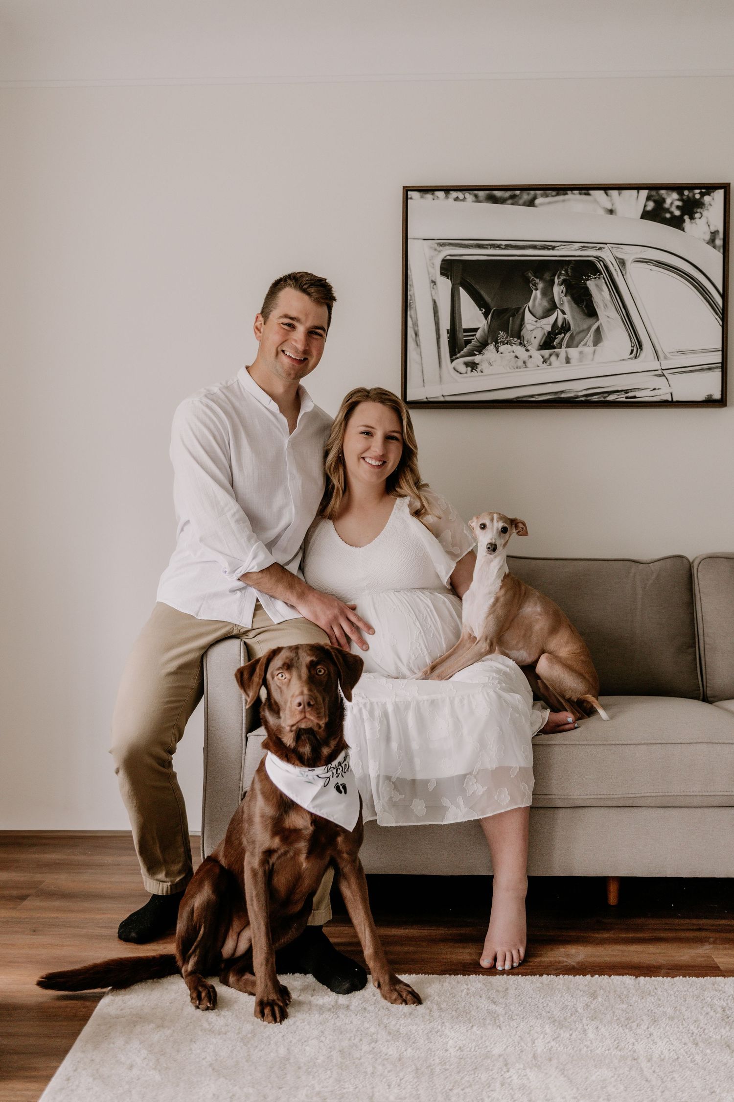 Smiling pregnant couple with two dogs poses on couch in bright living room for maternity photo session.