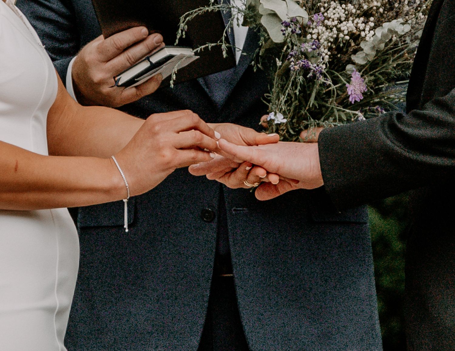 Detail shot of hands exchanging wedding rings during ceremony.