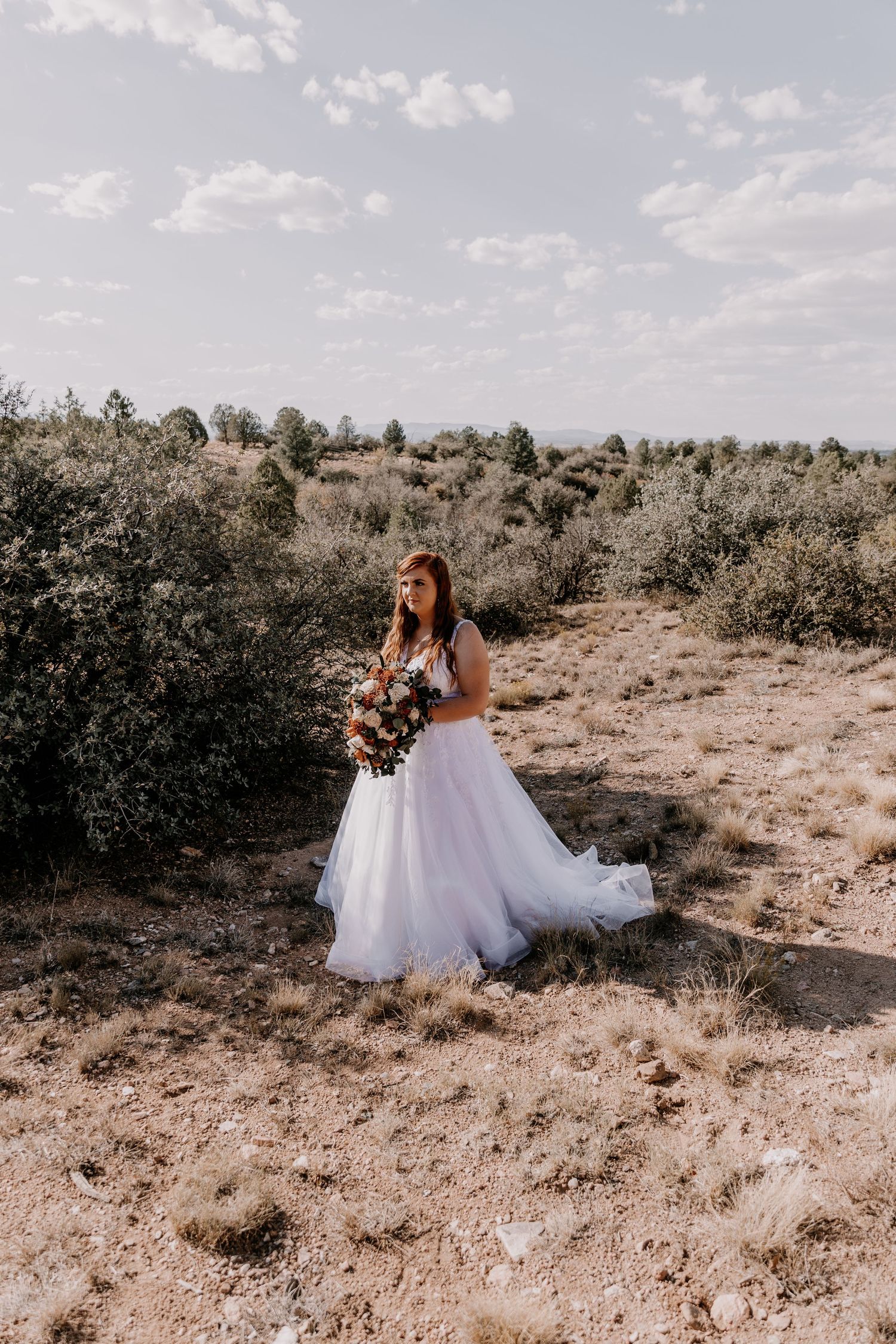 A white wedding dress stands out against the desert landscape with rustic shrubs and rocks.
