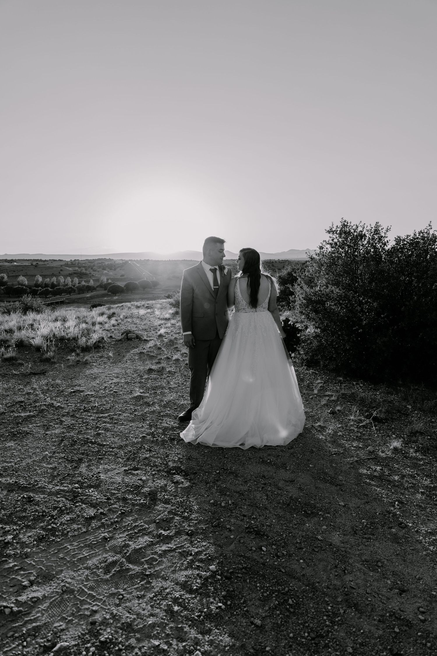 Black and white silhouette of newlyweds walking on rocky desert terrain at dusk.