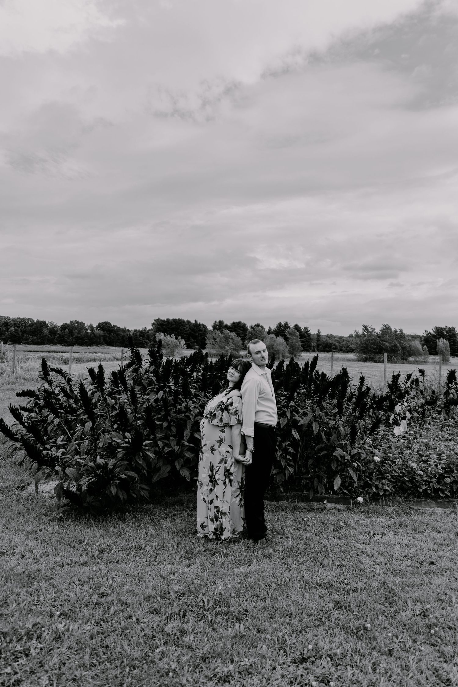 Black and white panoramic series of cactus fields with figures standing in the distance under cloudy skies.