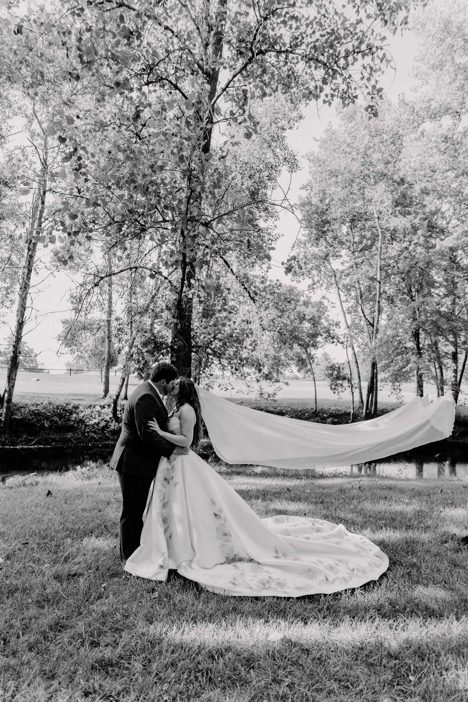 Black and white photo of a bride and groom kissing outdoors, with veil flowing in the wind among tall trees.