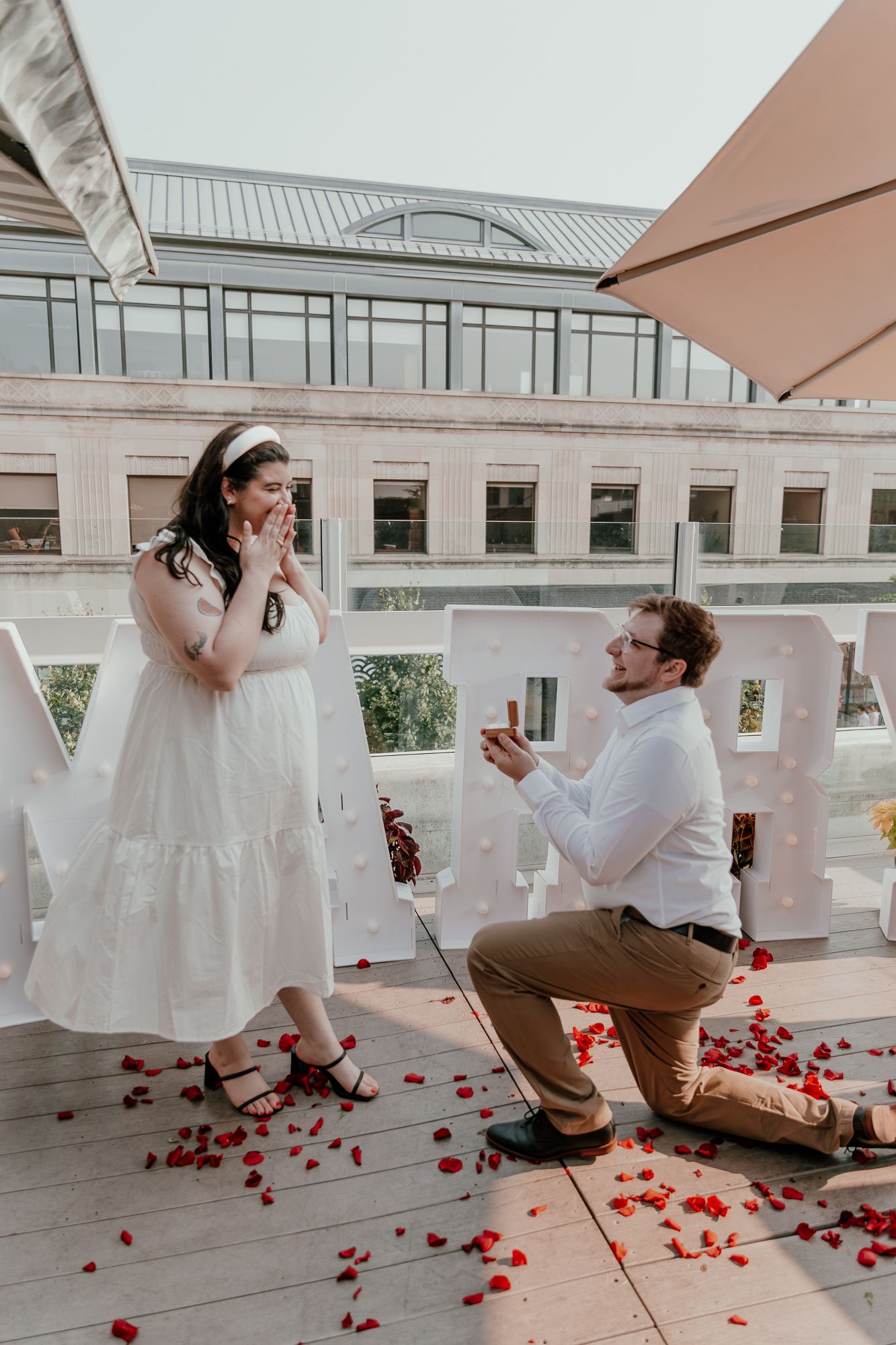 Romantic rooftop marriage proposal scene with rose petals scattered on the ground.