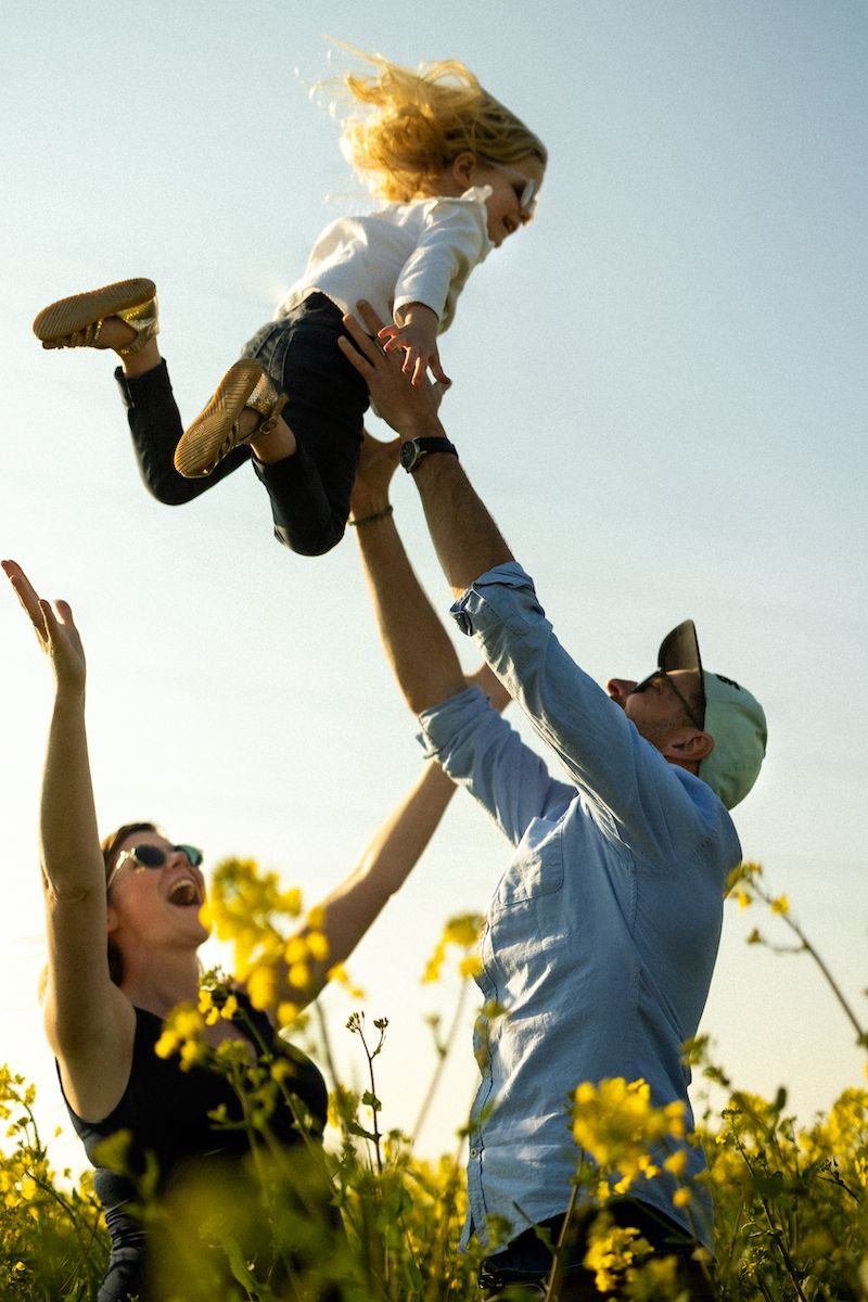 Joyful play in a field of wildflowers as a child is tossed into the air at sunset.
