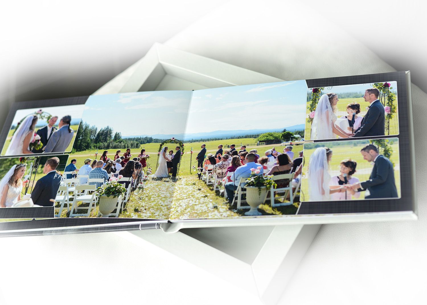 summer wedding book album page showing ceremony and ring exchange by luba wold photographer