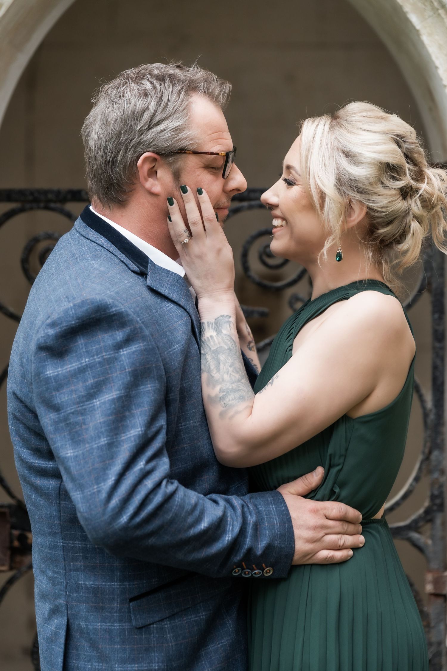 A romantic couple in formal attire sharing intimate moments in a sequence of candid photos.