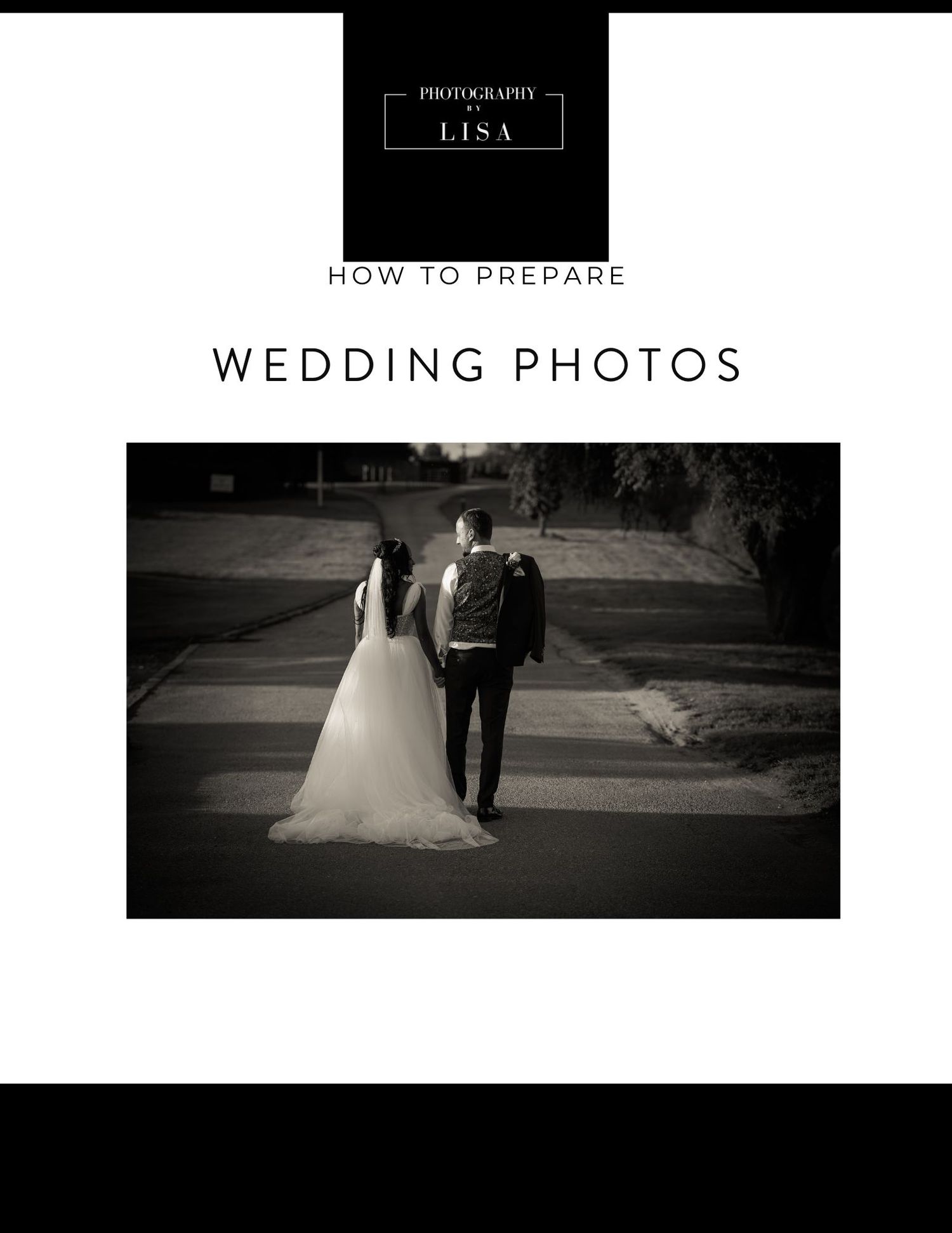 Black and white wedding photography education guide cover showing couple in formal attire on outdoor crosswalk.