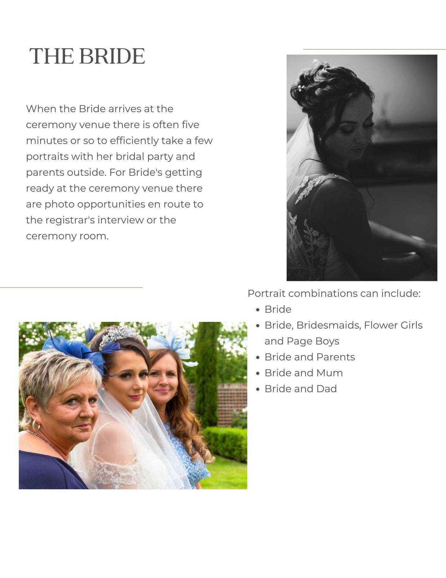 Black and white portrait of a bride with veil in profile, with sample wedding photo combinations list shown below.