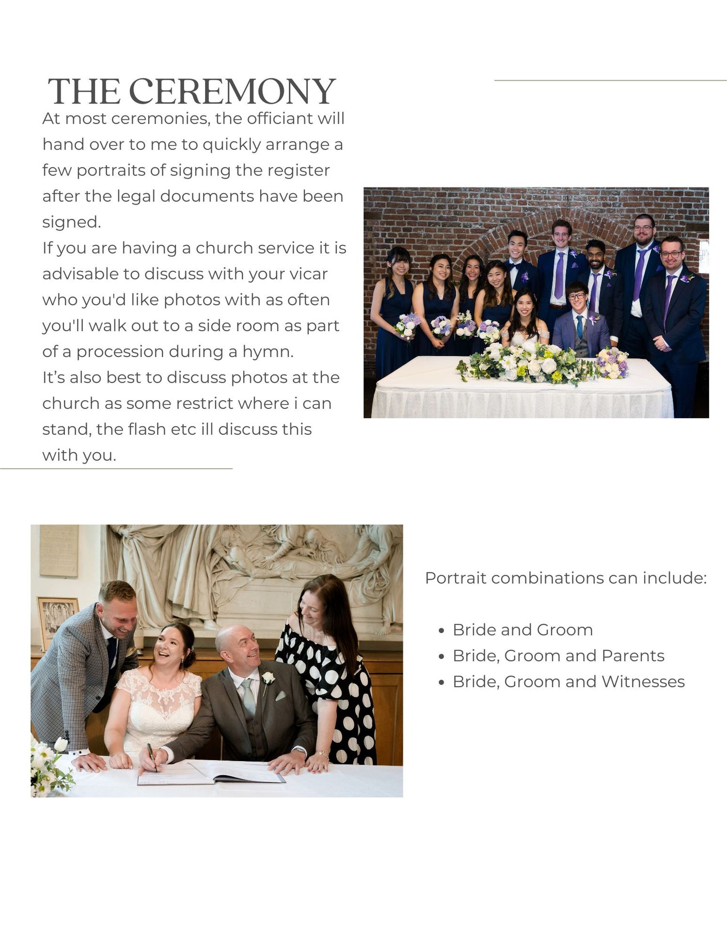 Wedding photography layout with subtle beige background and three black and white ceremony photos framed with text.