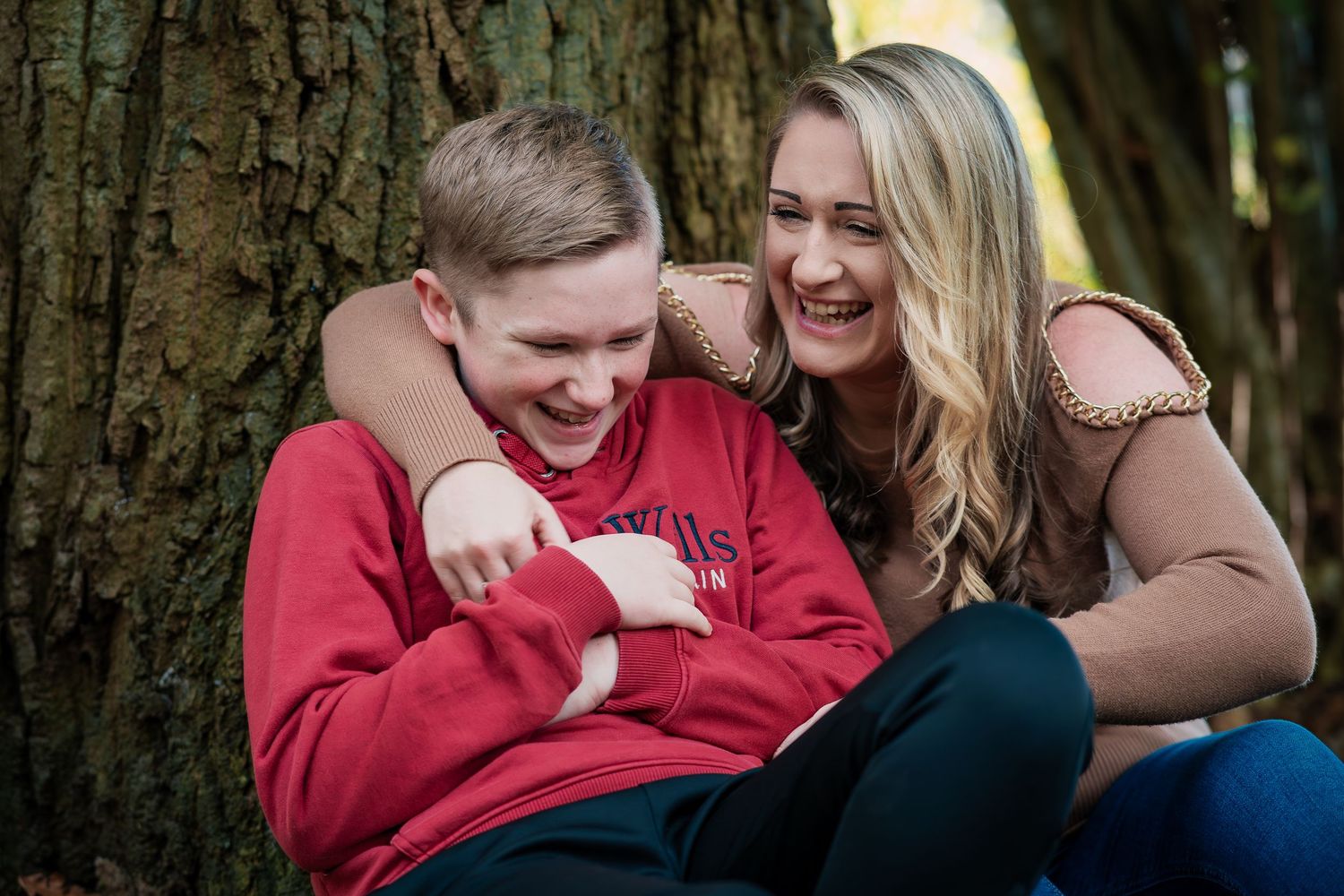 Happy moments shared between loved ones against a forest backdrop.