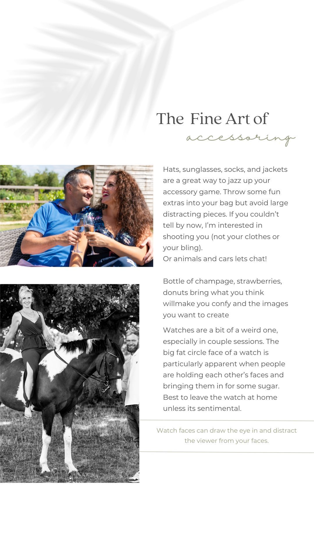 A photography website layout showcasing engagement photo samples and shooting tips with black and white images.