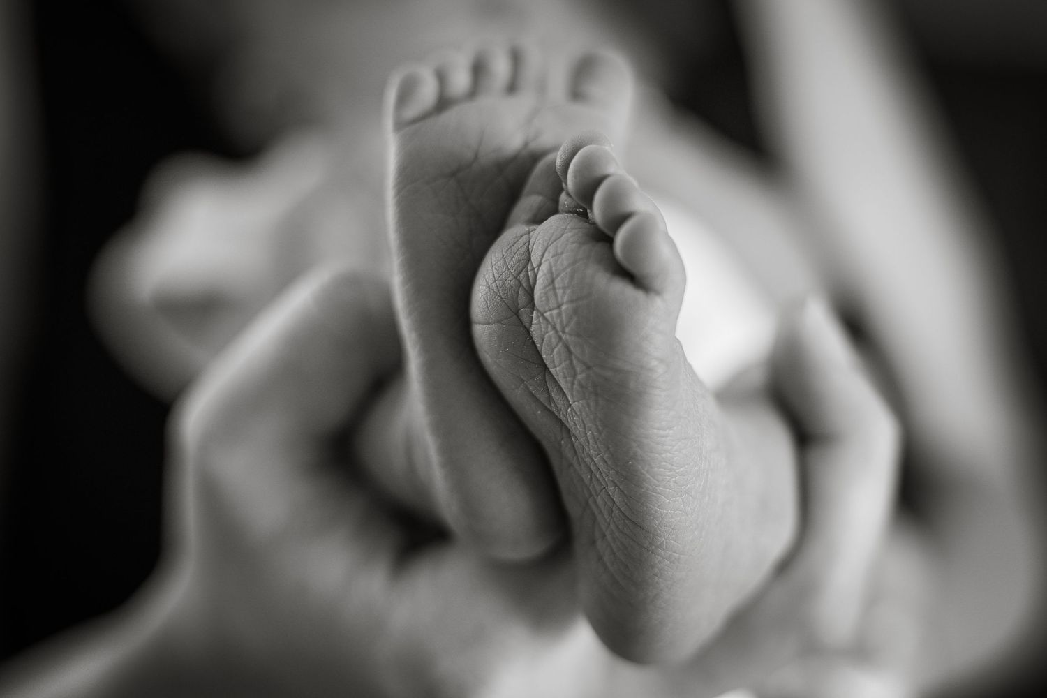 Close-up black and white photograph of a baby's tiny foot.