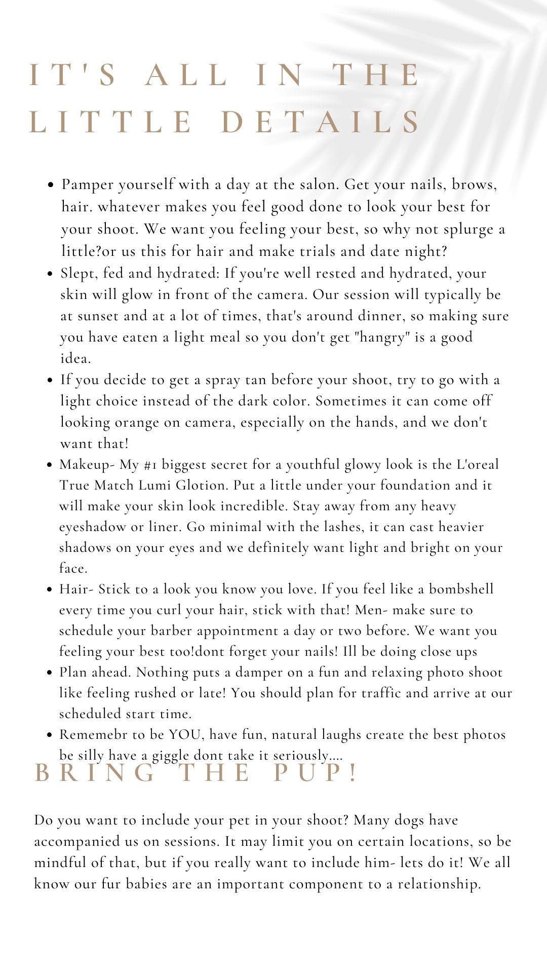 A screenshot of beauty and photography tips with text discussing makeup, lighting, and self-care details for photoshoots.
