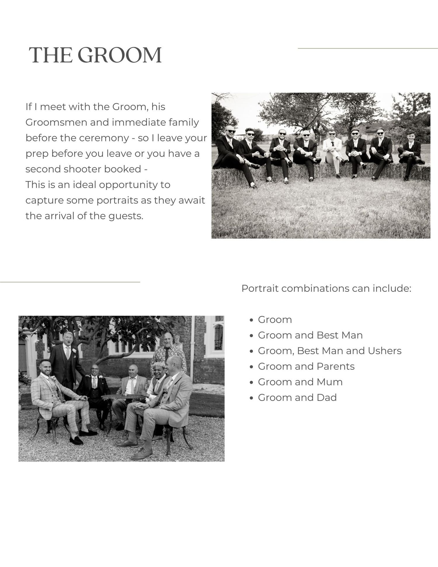 A black and white wedding photo layout with candid imagery and text describing groom portrait combinations.