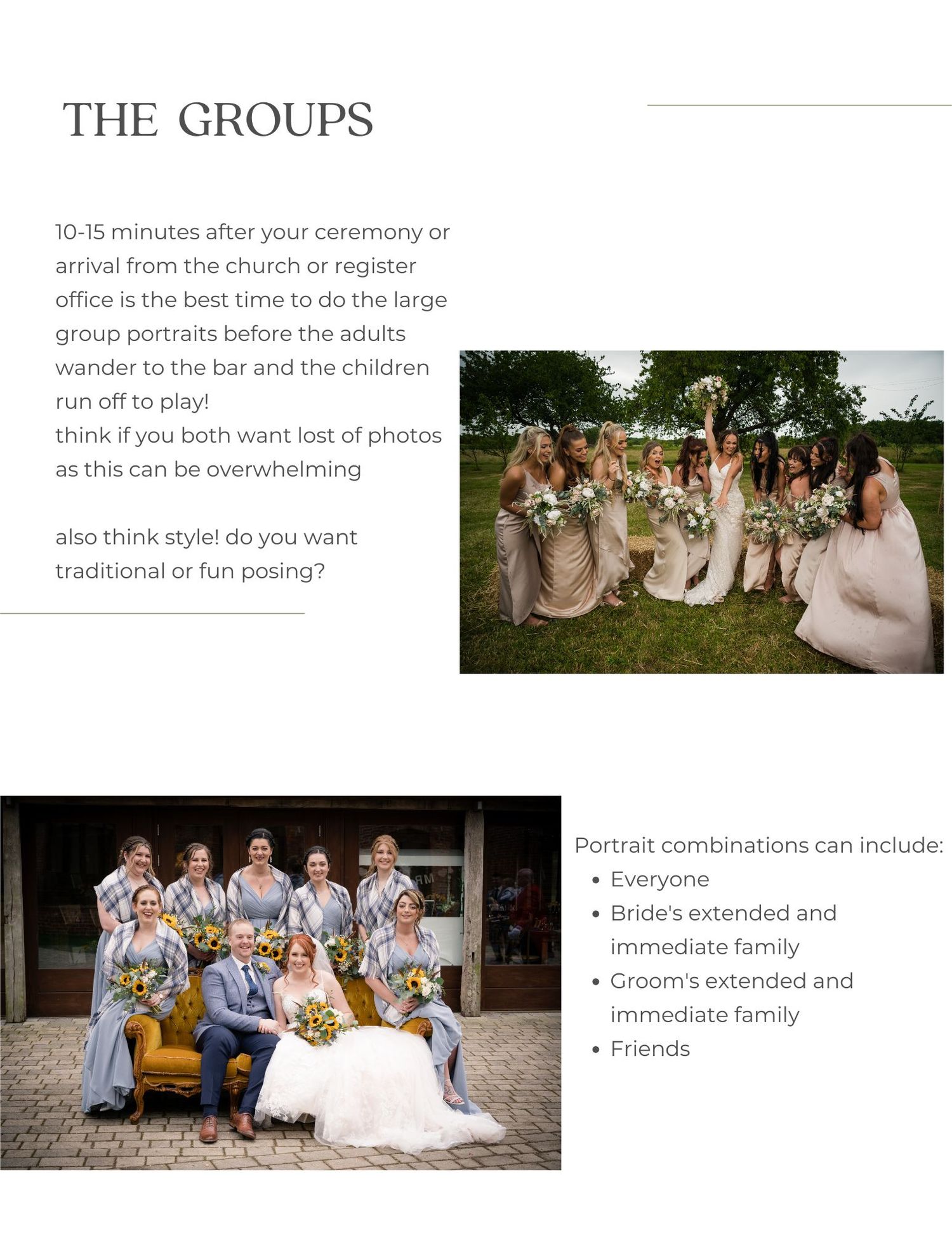 Wedding guests and bridal party members pose casually on rustic wooden benches for group photos outdoors.