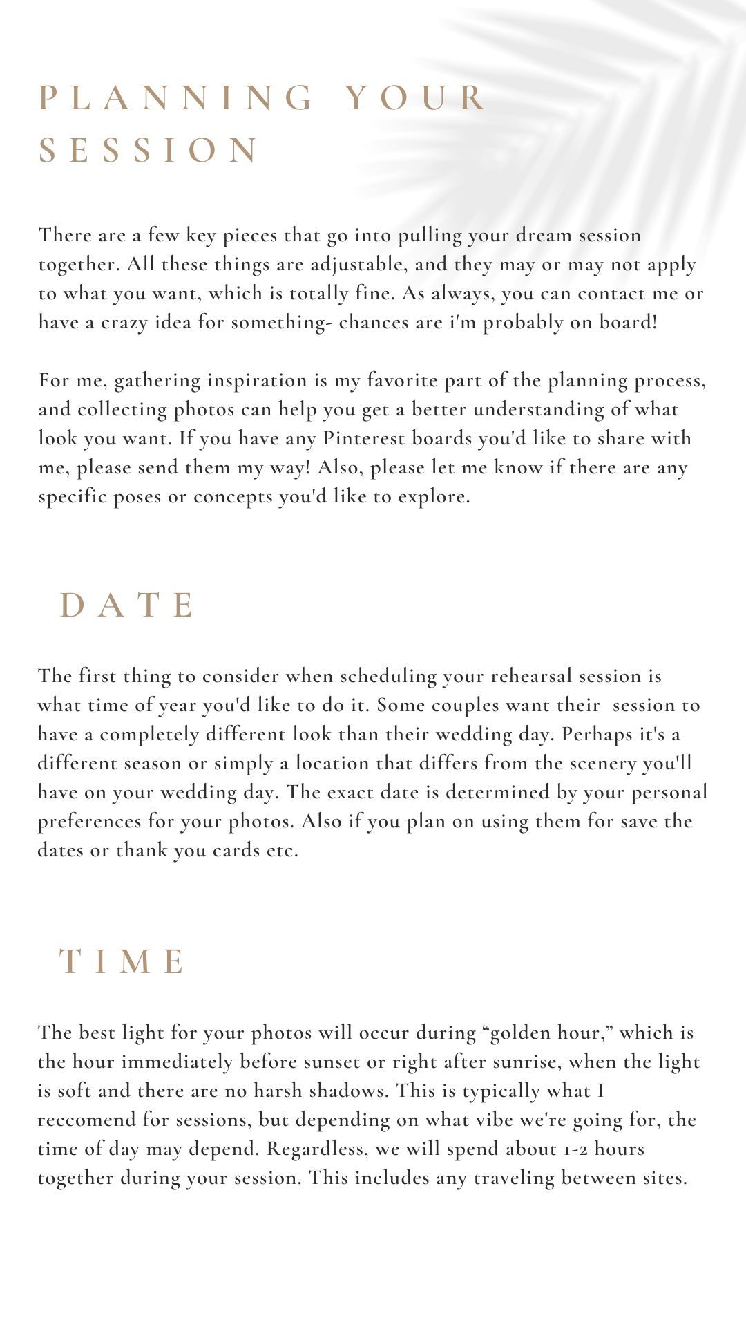 Planning guidelines for a photo session showing text about date and time selection.
