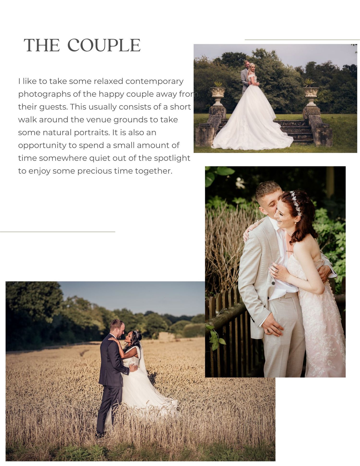 Wedding photography layout showing three romantic outdoor moments with couples in scenic natural settings.