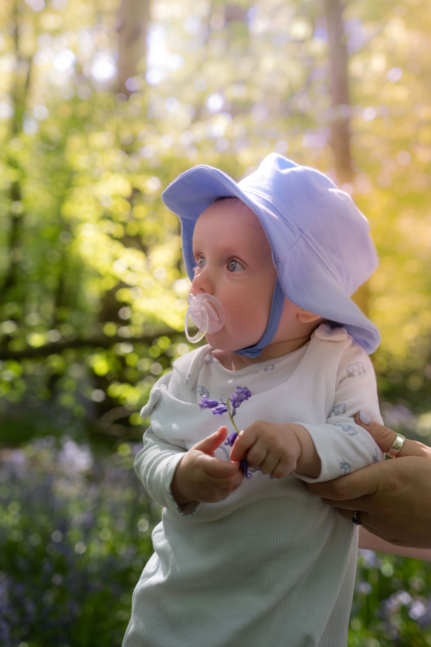 Baby in white clothing and blue hat photographed in sunny woodland setting.