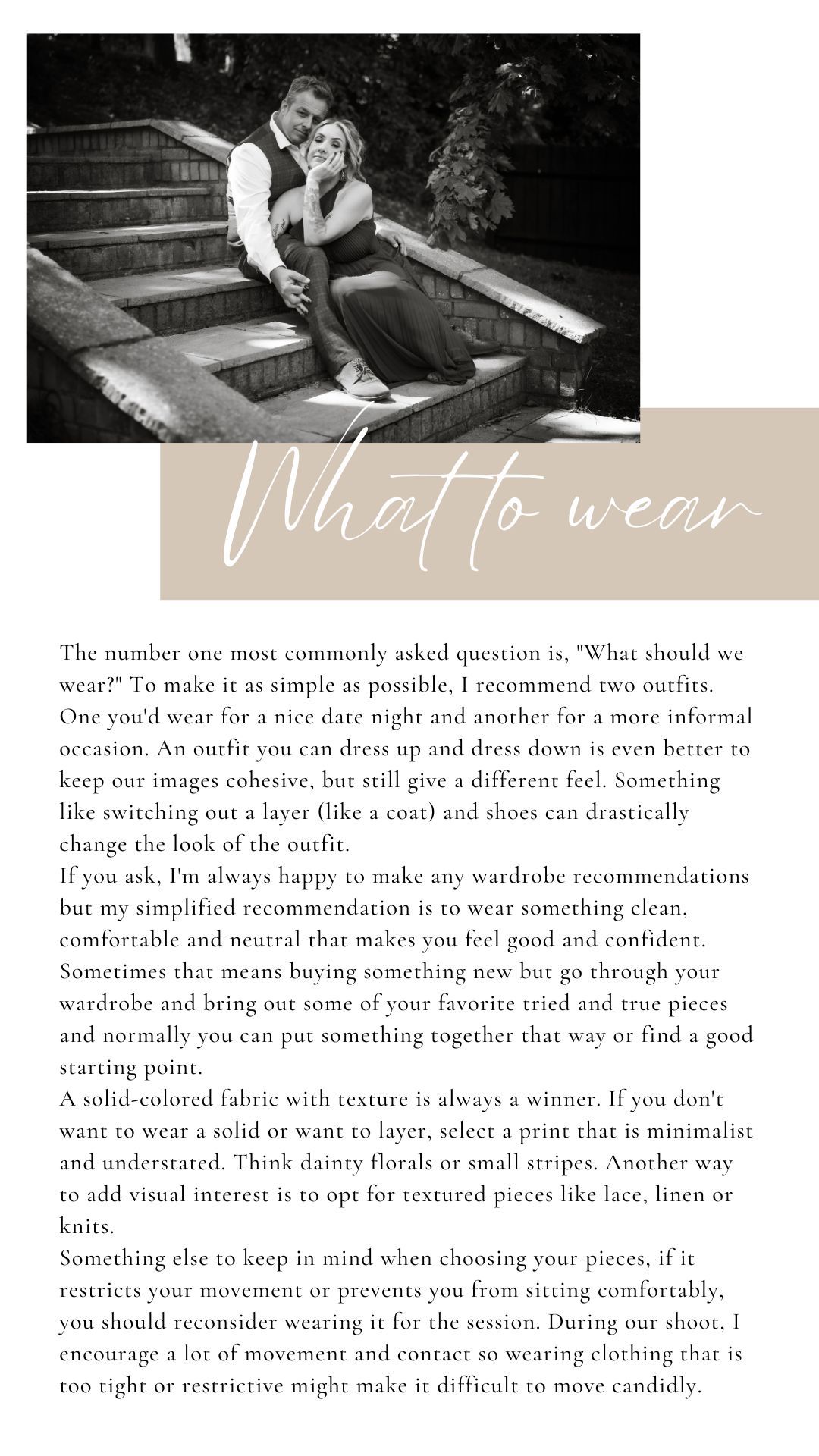 A muted page layout showing fashion and style tips with text overlaid on black and white clothing photos.