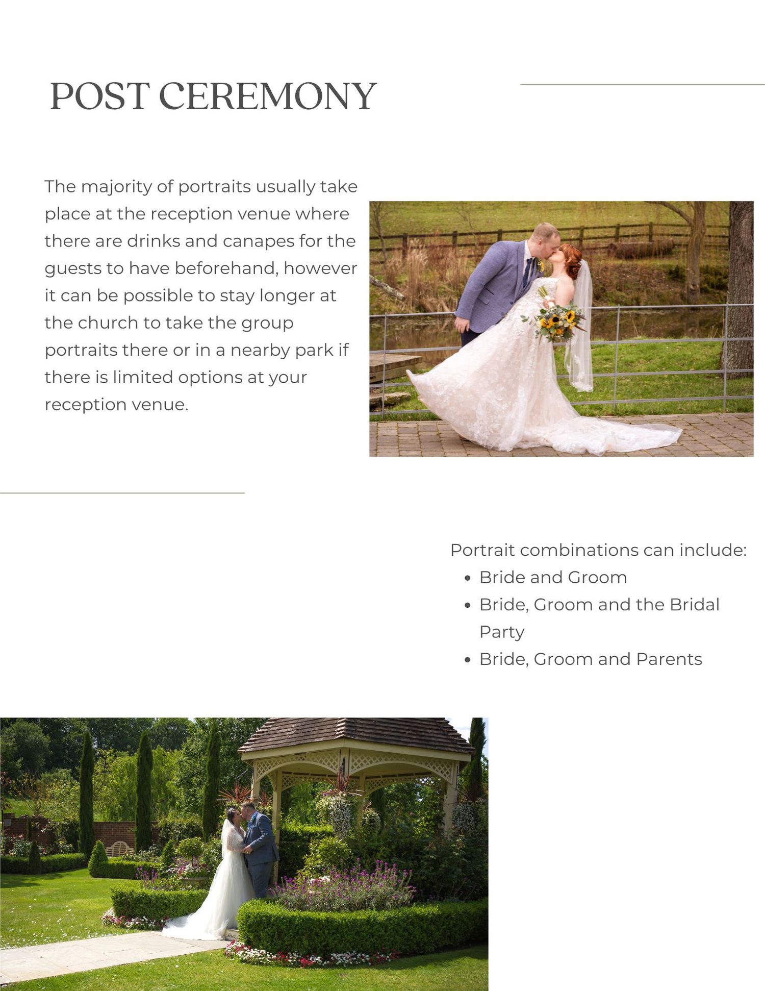 A wedding page layout showing two outdoor photos of couples in wedding attire with a list of portrait combinations.