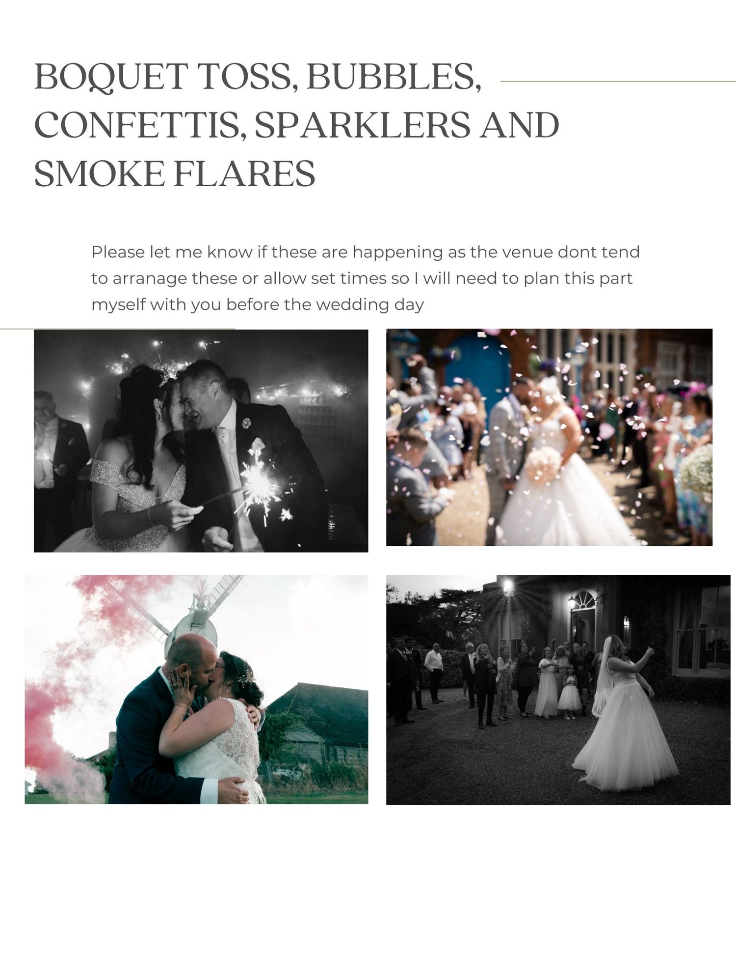 Wedding celebration collage featuring bouquet toss, sparklers, and smoke flare moments in black and white and color.