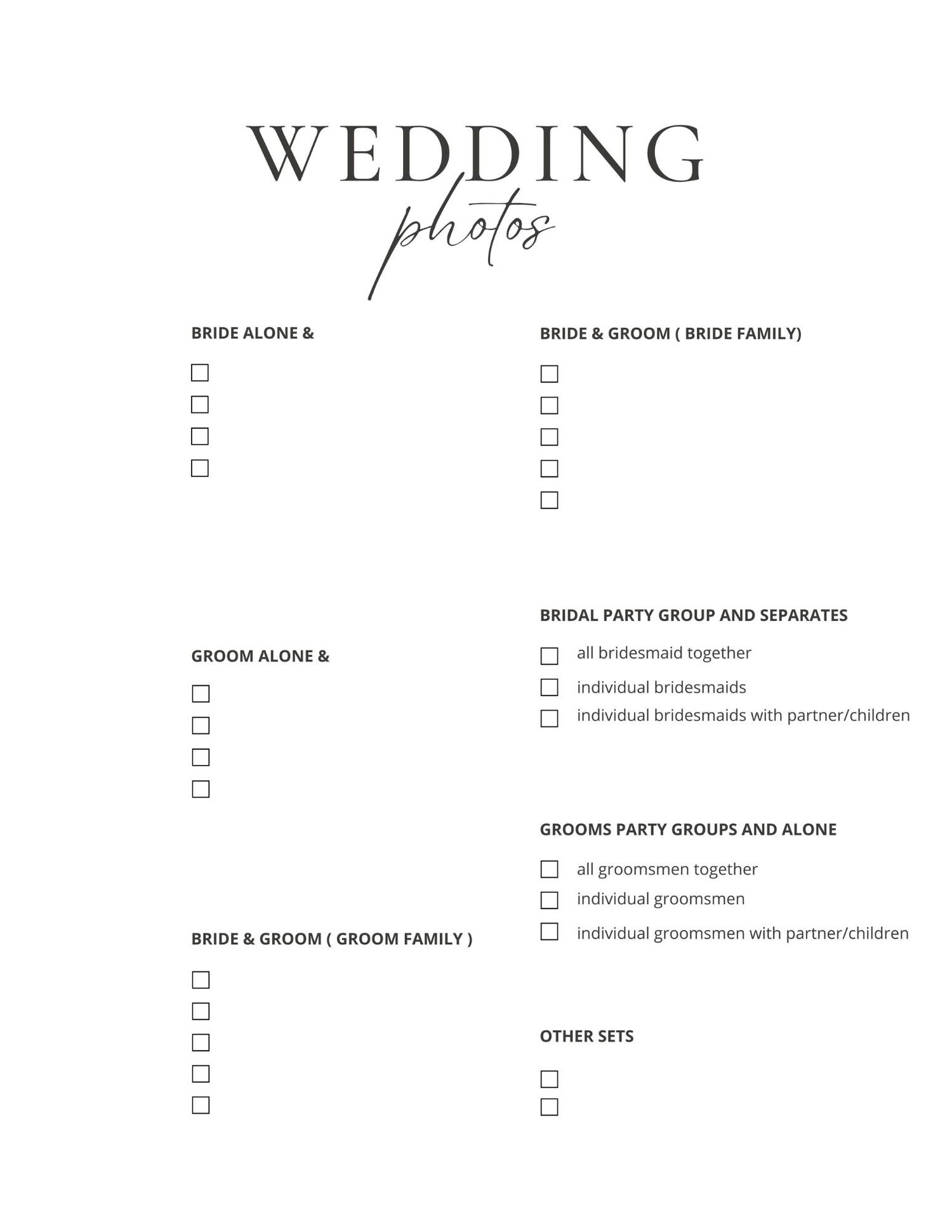 A minimalist wedding photography shot list checklist with checkboxes for organizing group photos and family portraits.