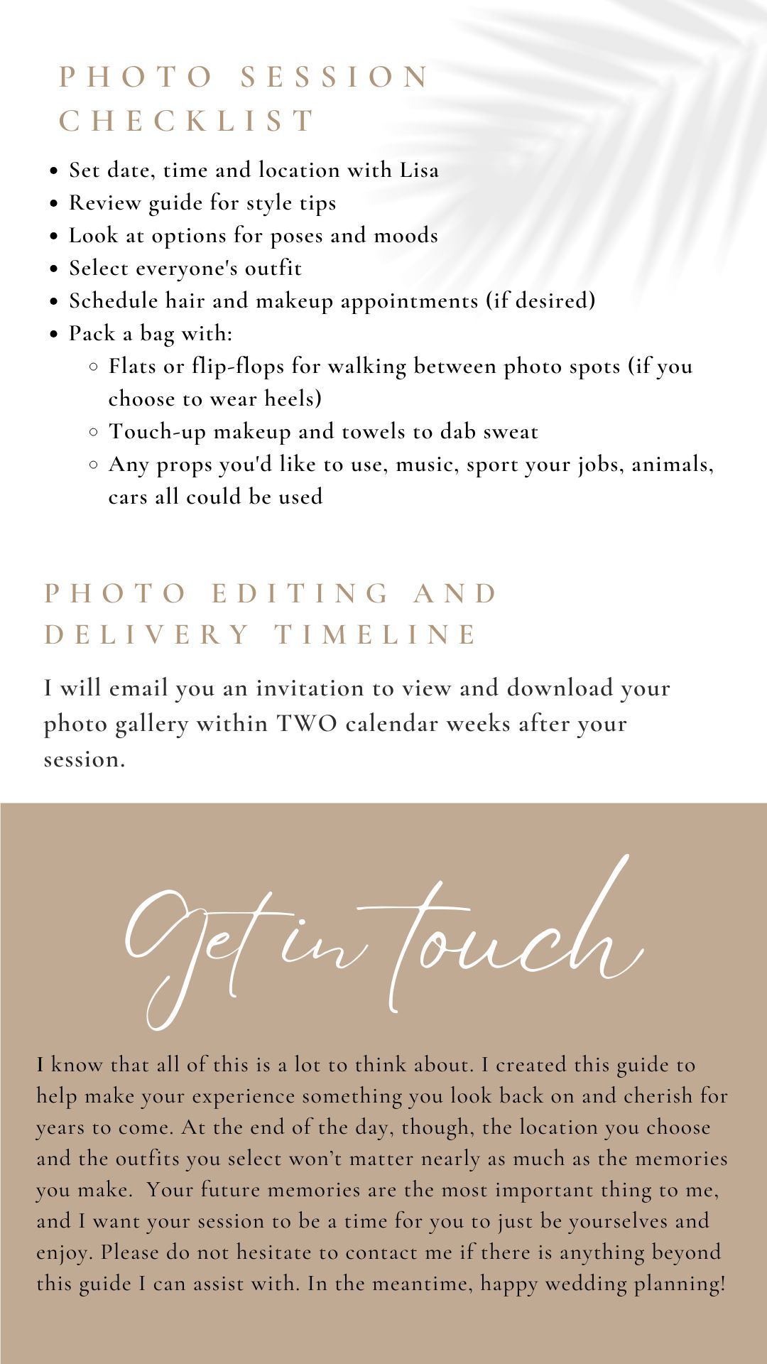 Cream and tan photography session checklist showing timeline details and client preparation instructions.