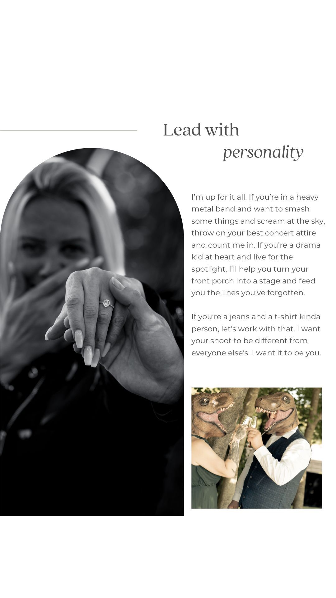 Black and white artistic composition showing hands with text about leading with personality beside lifestyle photos.