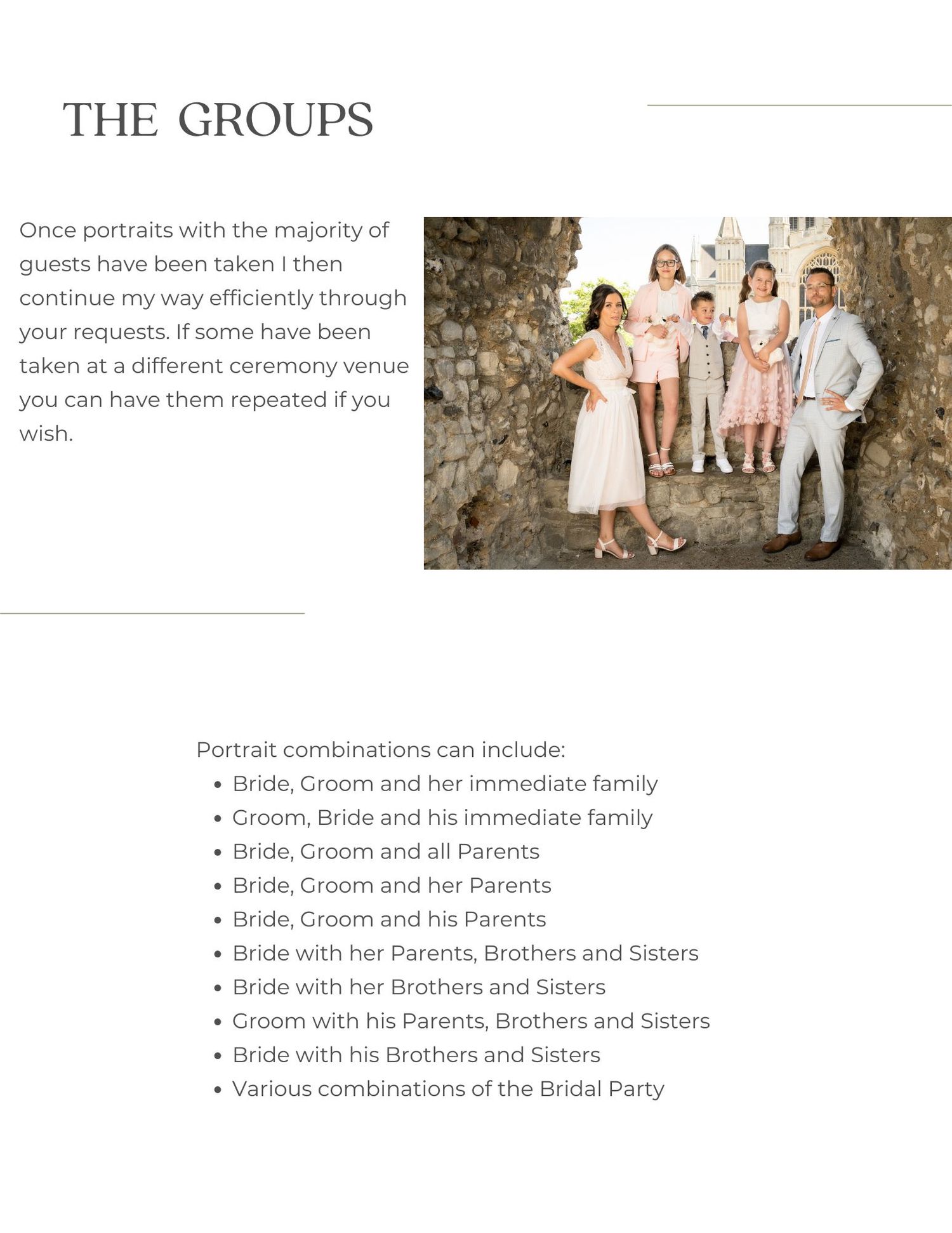 A wedding group photography guide showing portrait combination examples and list of family groupings for formal photos.