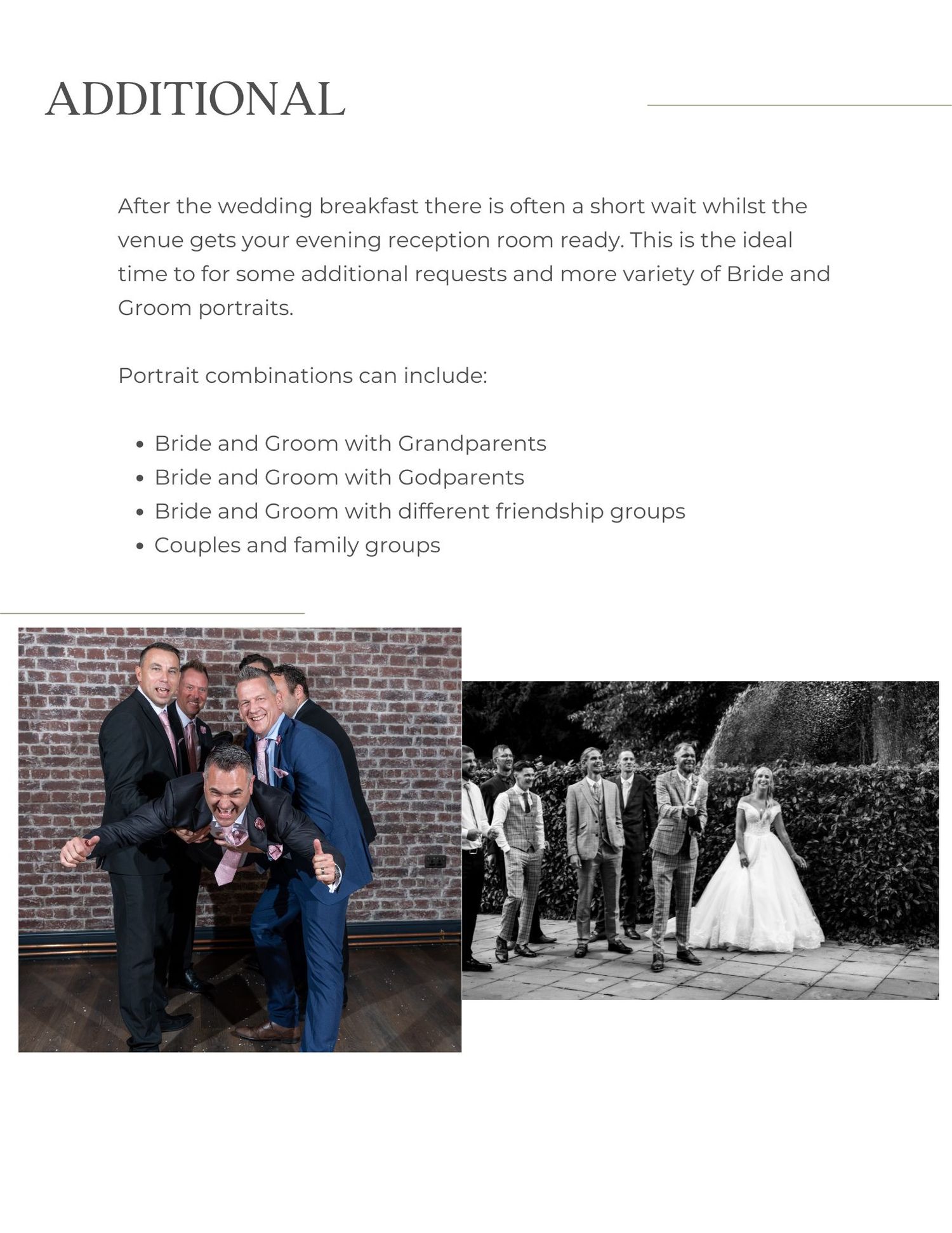 Wedding portraits in black and white show joyful couples and groups posing outdoors during snow against brick walls.