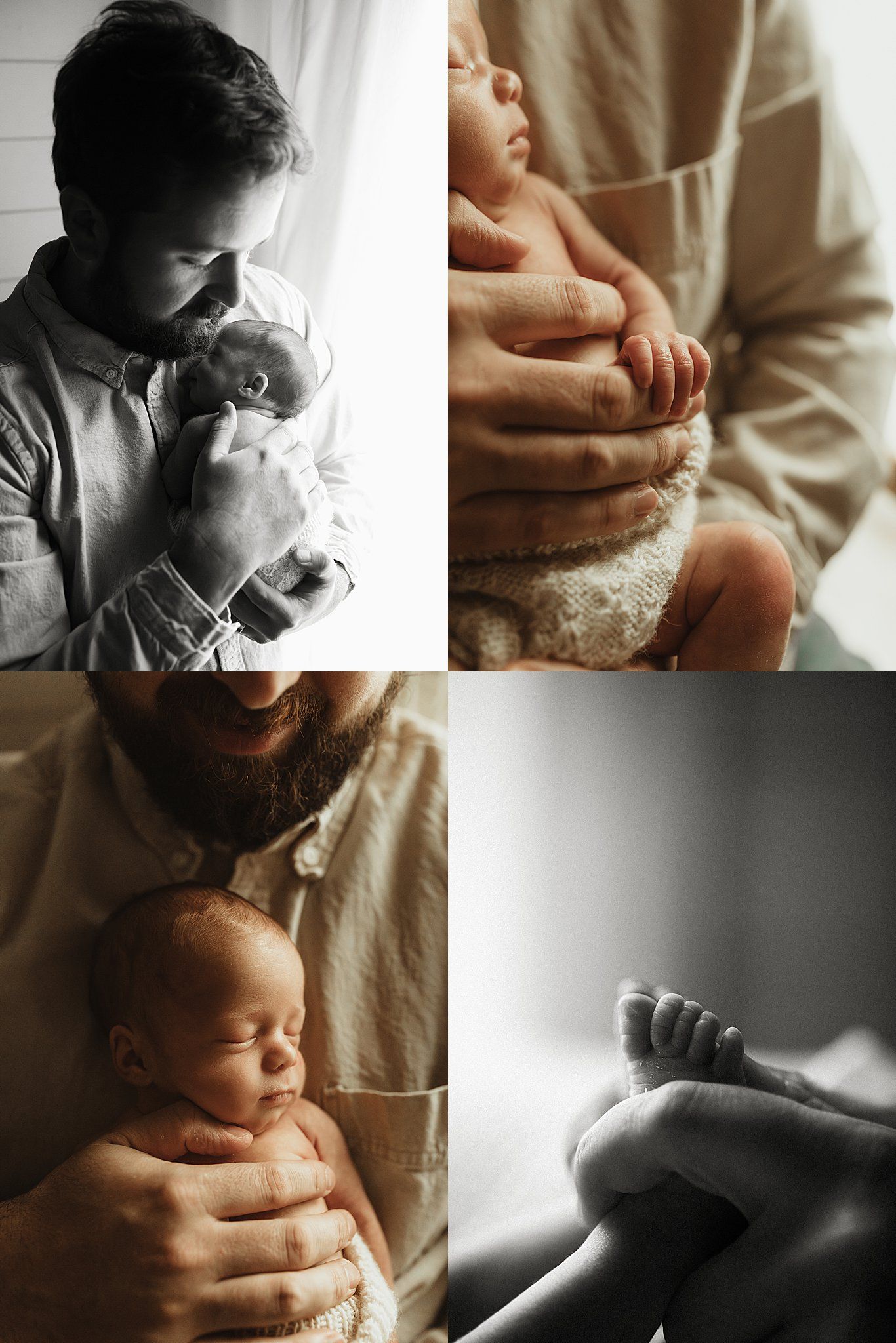 A tender collage of a father holding his newborn baby, featuring close-ups of tiny hands and feet in warm, natural light.