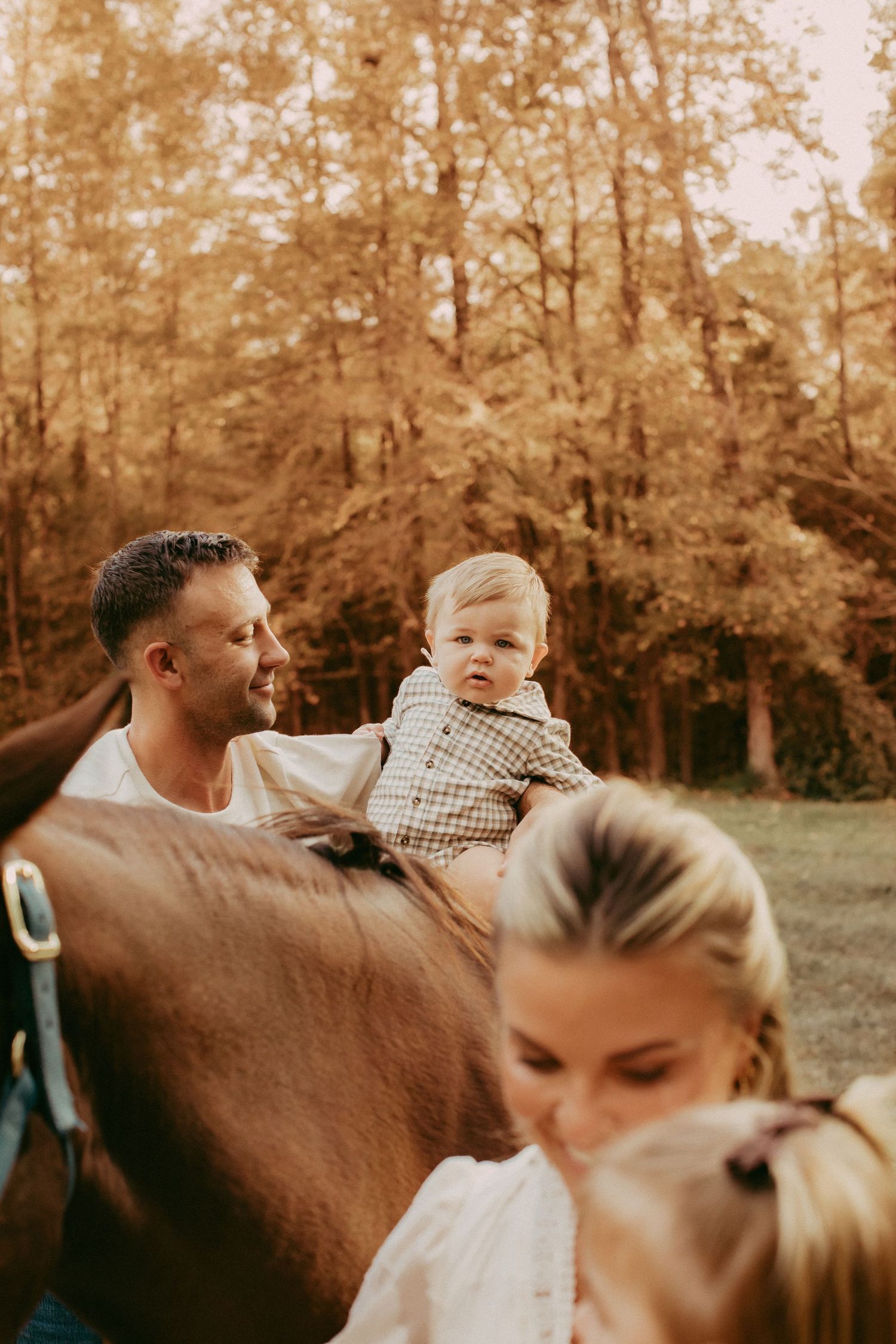 A man holds a baby on a brown horse while a blonde woman stands nearby in a golden autumn forest setting.
