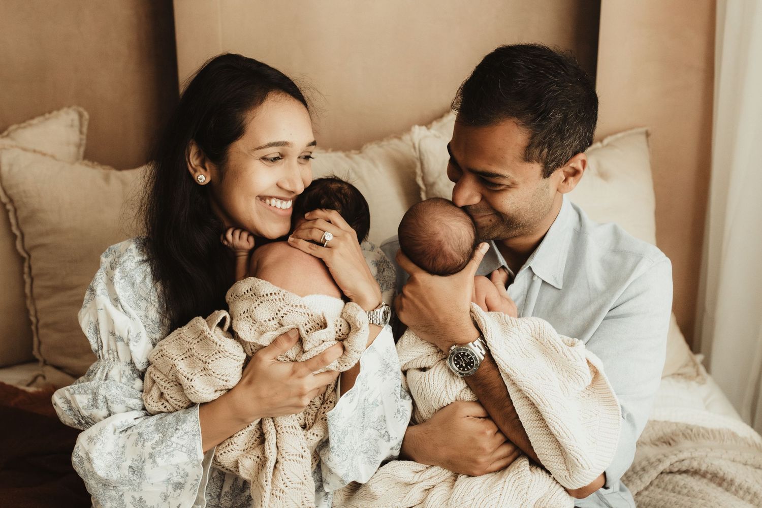 Intimate lifestyle family portraits in warm neutral tones against a light background.