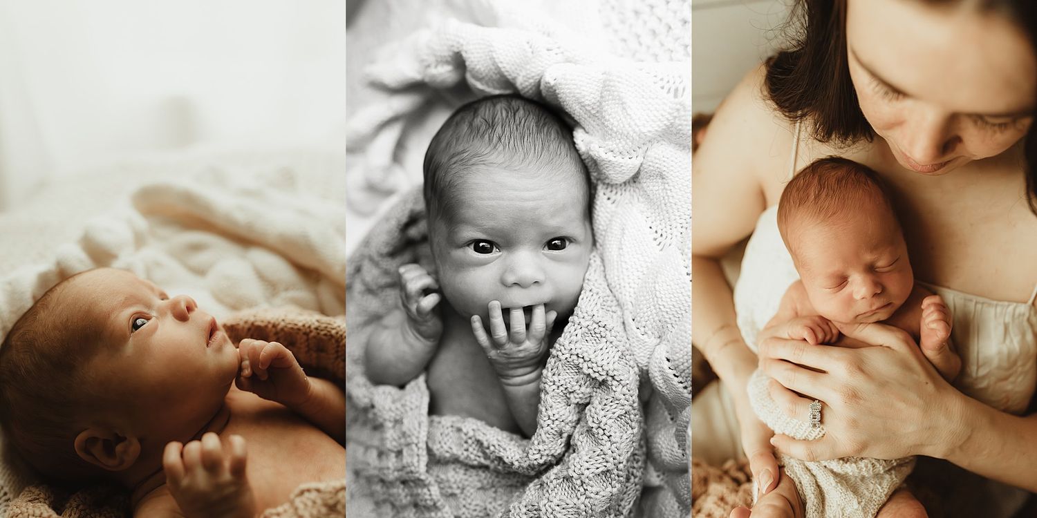 A serene newborn baby lying peacefully, a smiling infant wrapped in a white blanket, and a mother tenderly cradling her newborn.