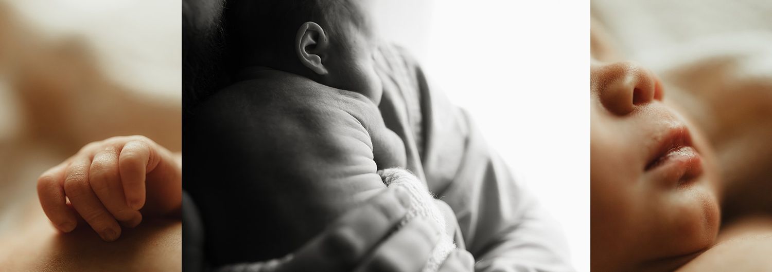 Close-up triptych of a sleeping newborn baby showing tiny hand, gray onesie, and peaceful face in soft light.