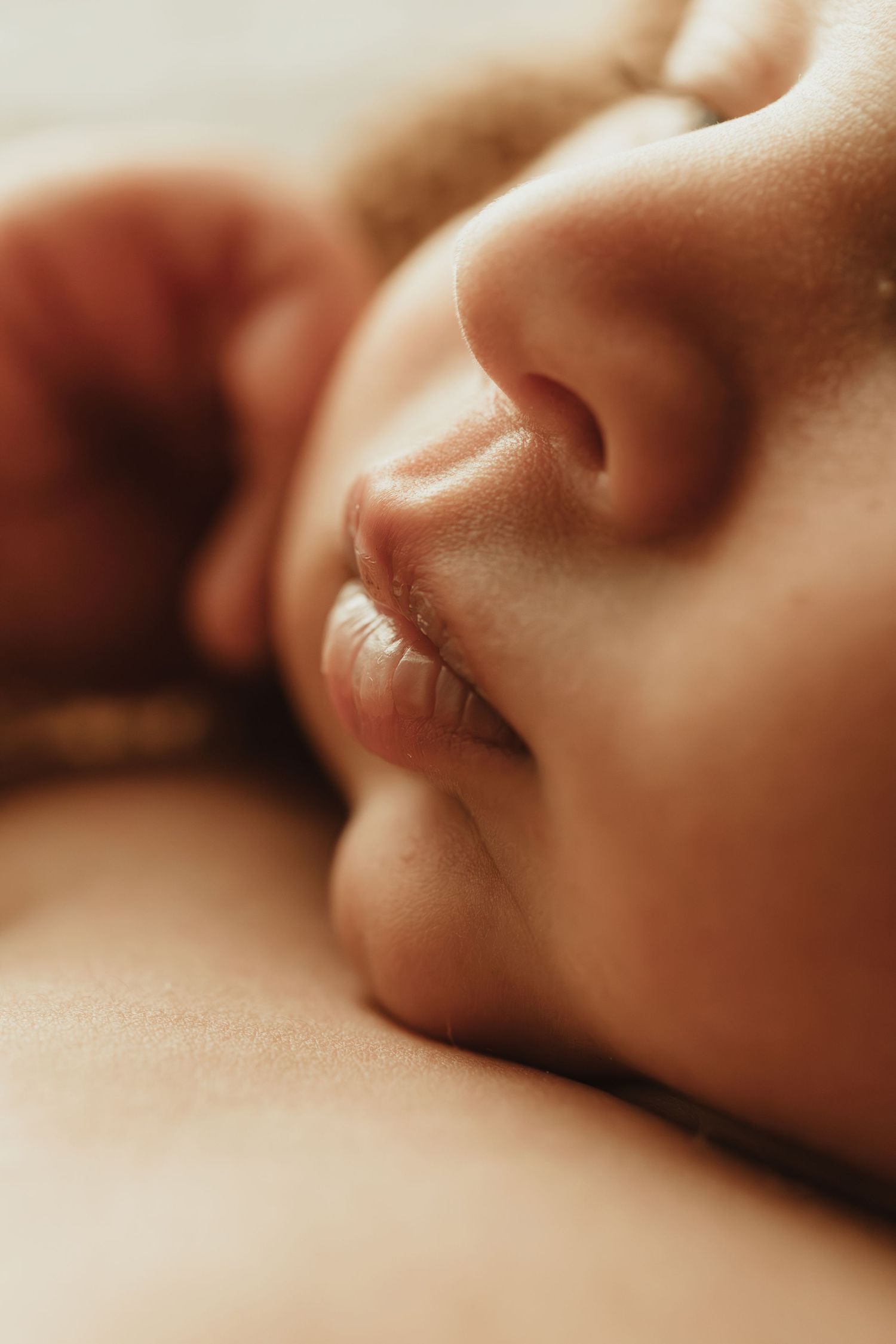 Close-up macro photograph of lips and nose features with shallow depth of field in warm beige tones.