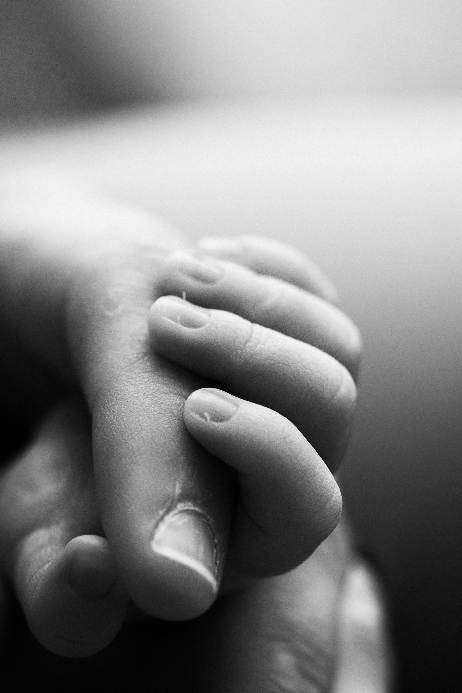 Artistic black and white macro photograph of small newborn fingers.
