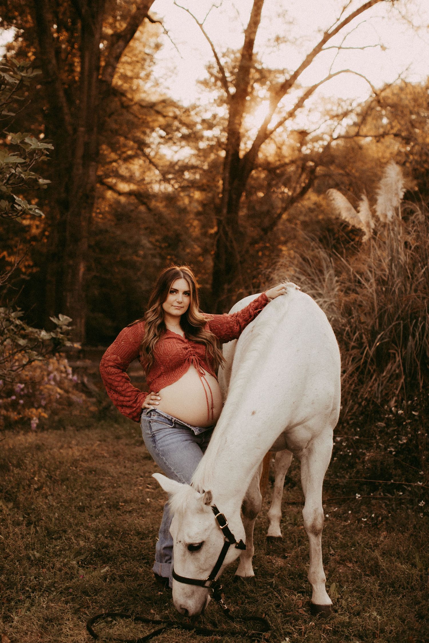 A gentle moment between a person in a burgundy sweater and white horse in an autumn forest setting.