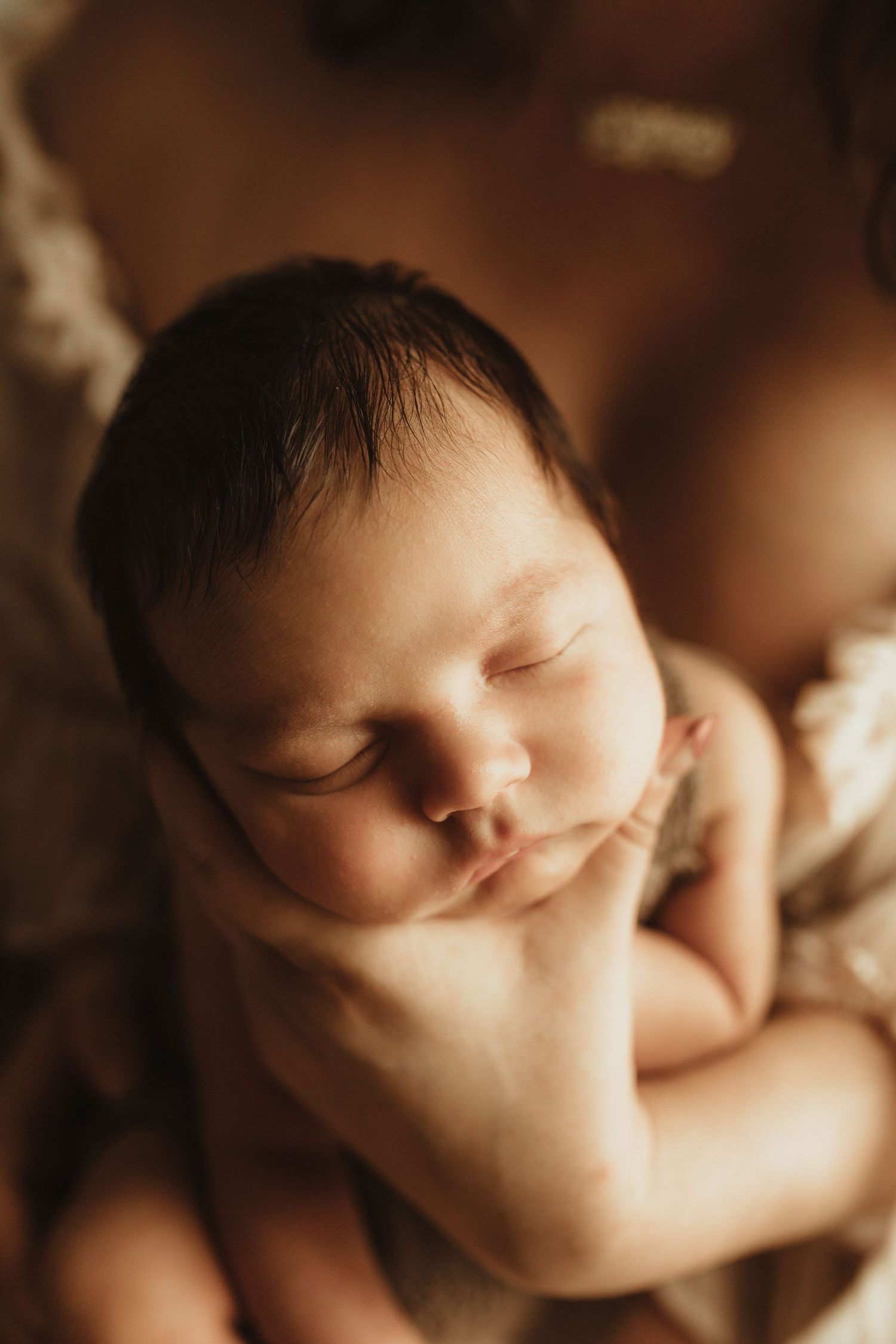 A sleeping newborn baby rests peacefully in warm sepia tones during a professional photography session.