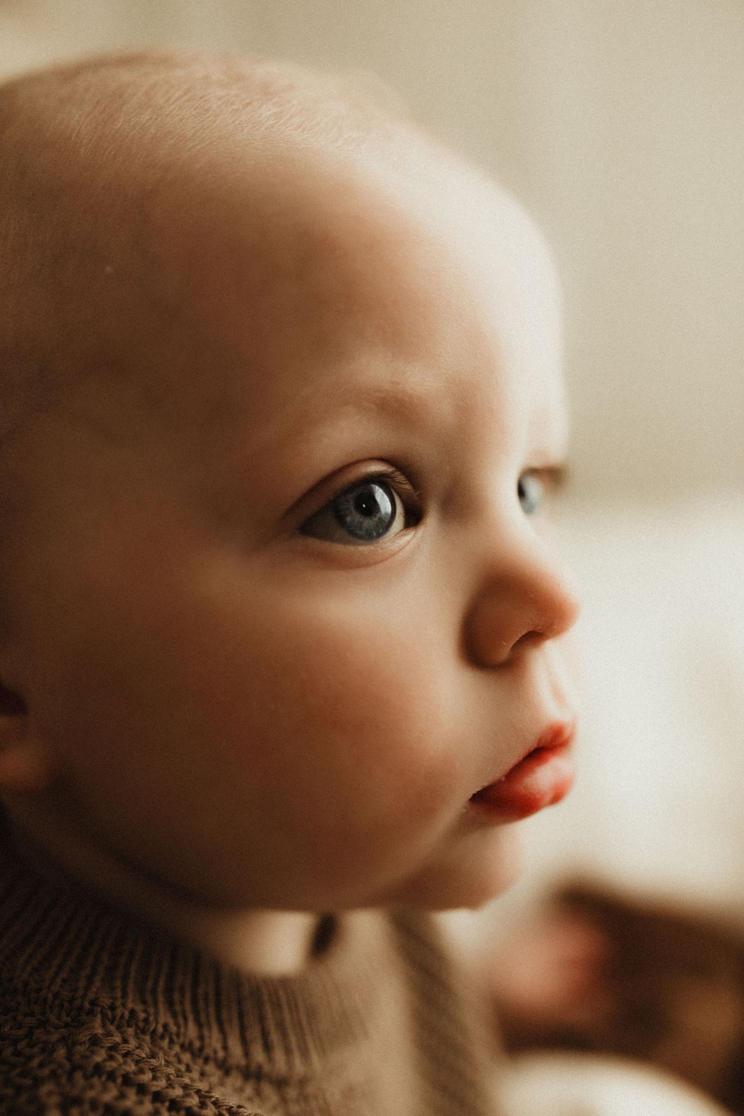 Close up artistic portrait series showing soft focus features and details of an infant wearing a knit sweater.