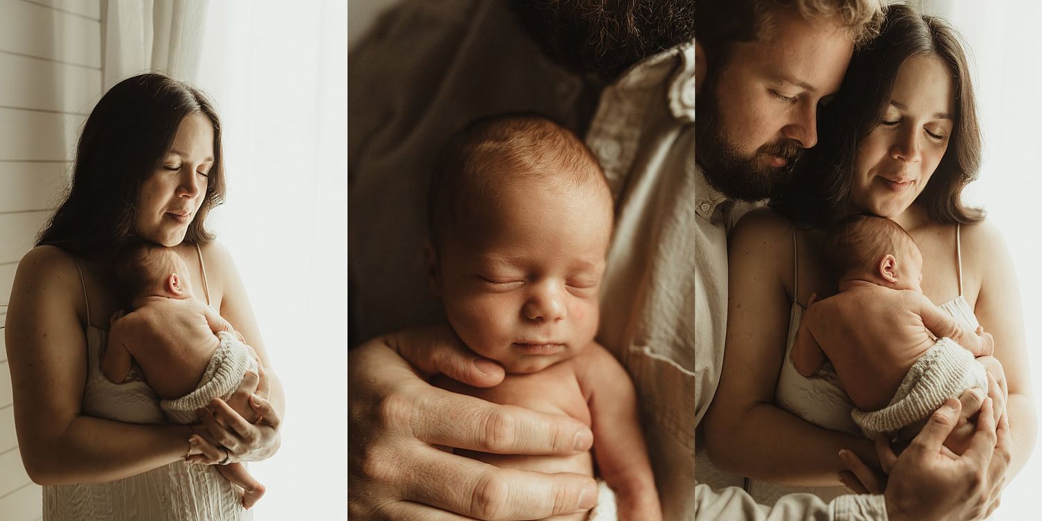 New parents tenderly cradle their sleeping newborn baby in a soft, natural light photography studio session.