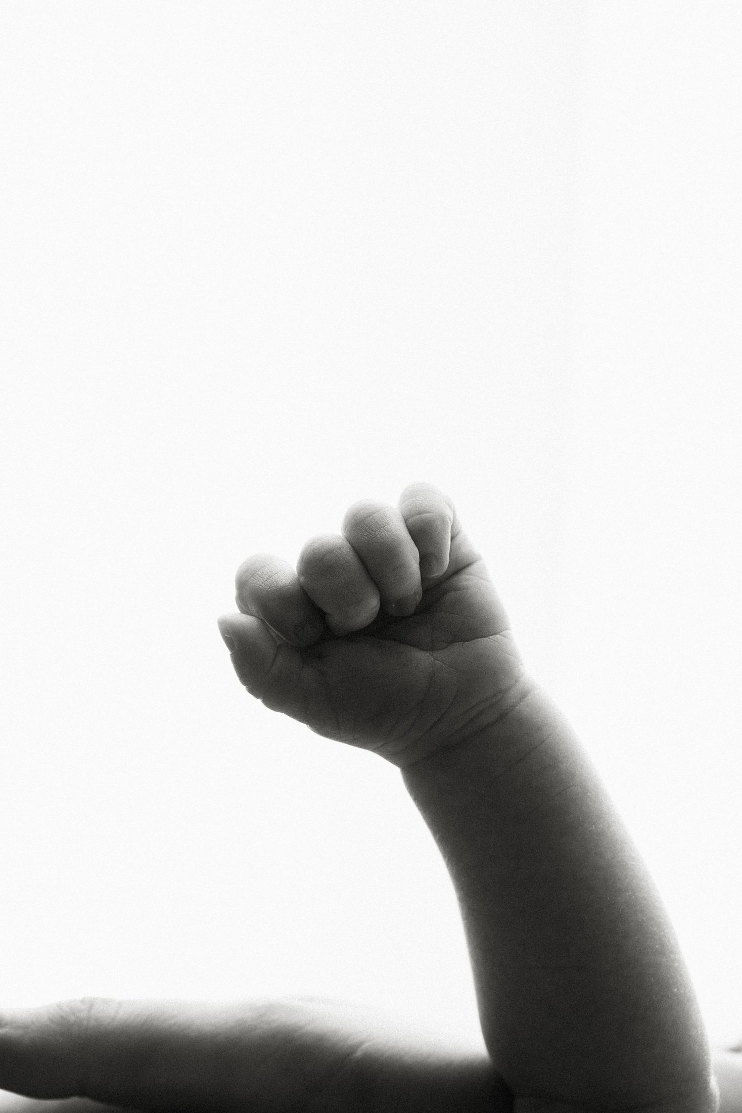 Black and white silhouettes of baby feet casting shadows on a bright white background.