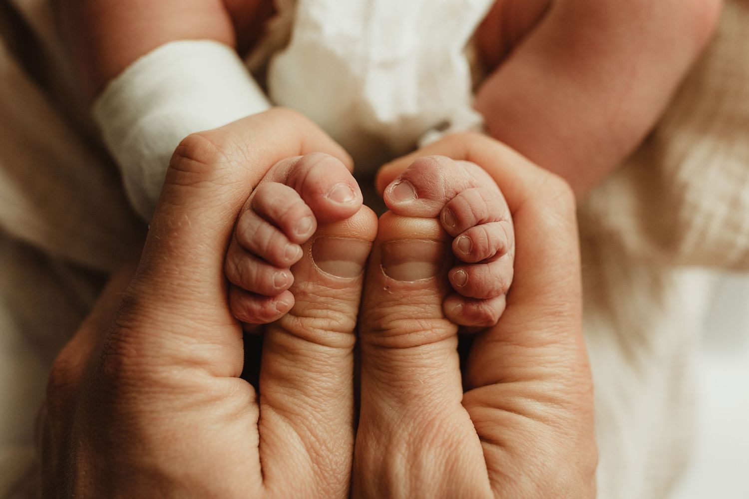 A parent's hand tenderly holds a newborn baby's tiny feet and hands in a series of intimate close-up photos.