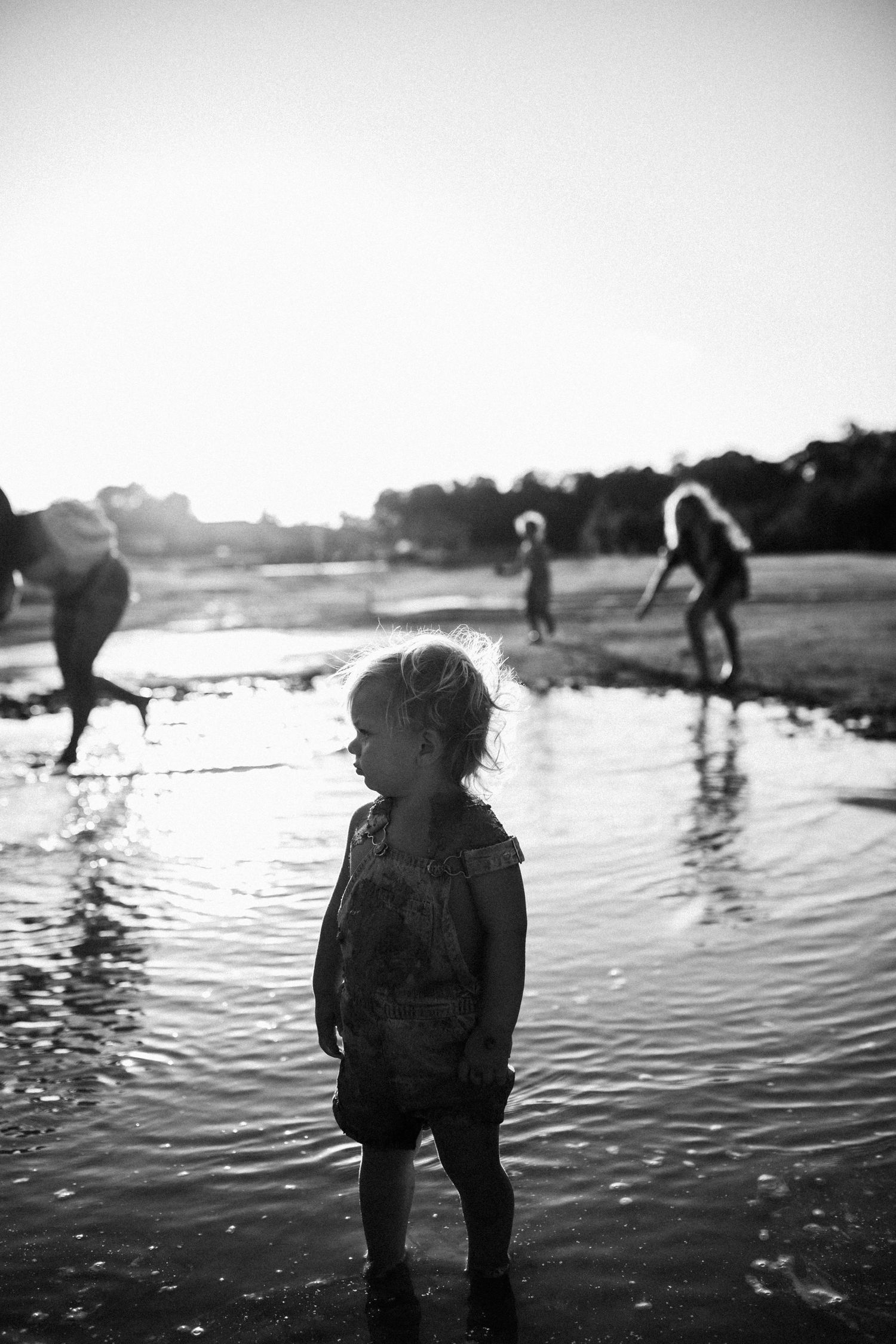 Silhouettes of people enjoying and playing in shallow water during sunset at the beach, captured in black and white.