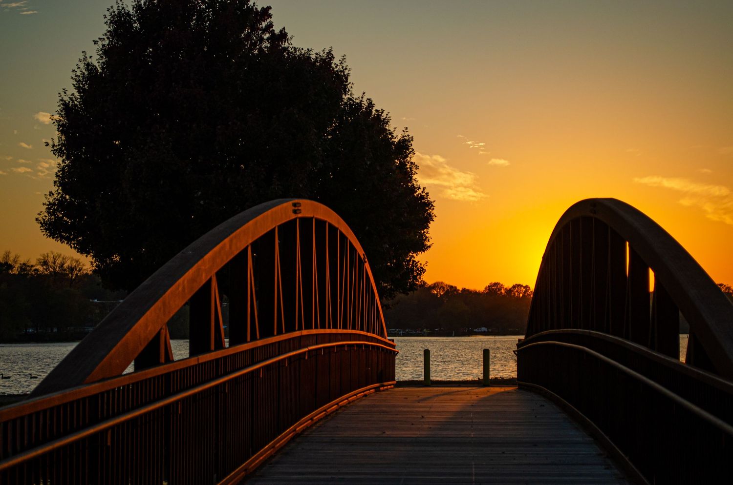 Silhouetted pedestrian bridge spans across water against vibrant orange sunset sky through multiple frame captures.